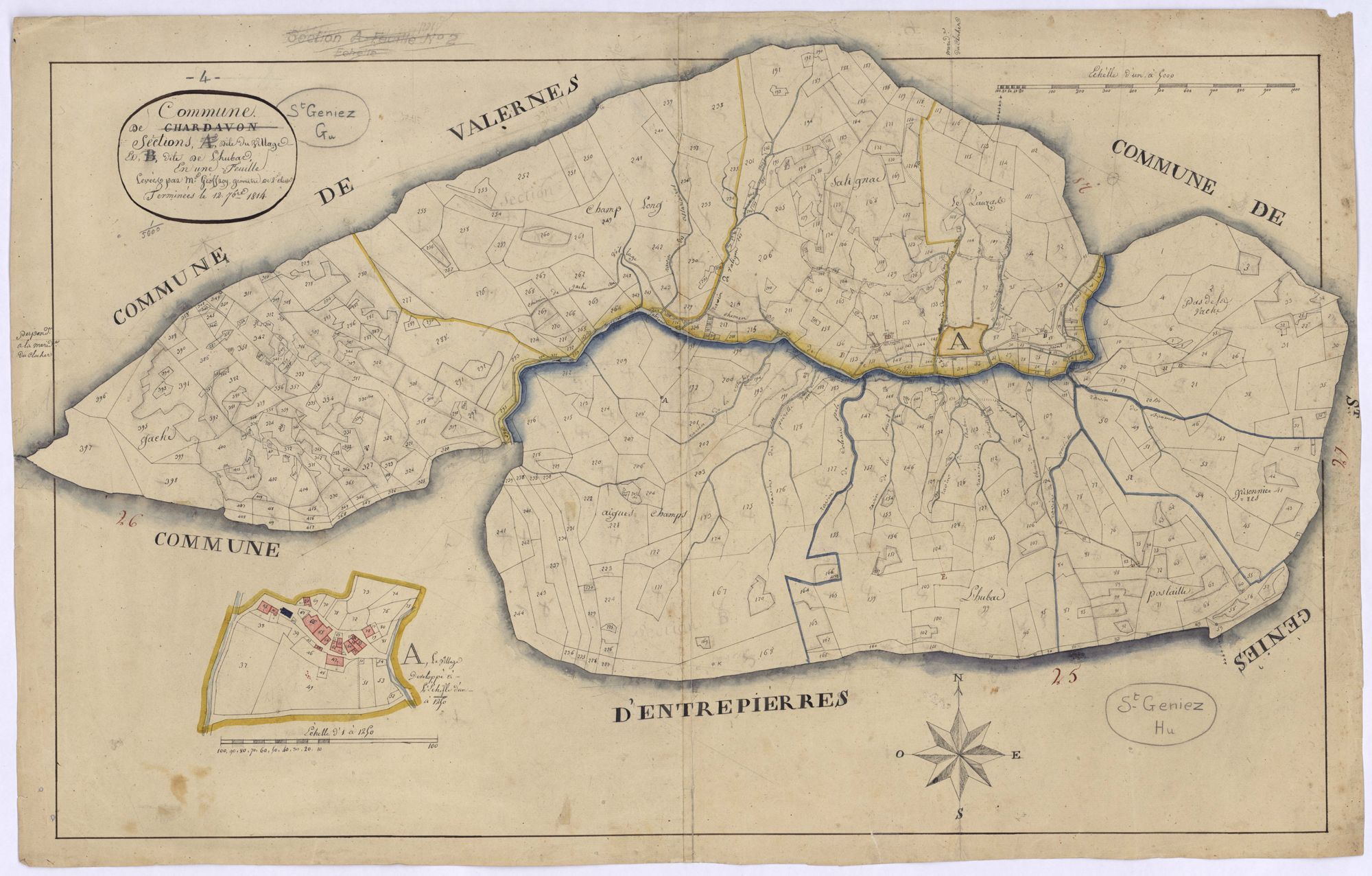 SAINT-GENIEZ - Plan des sections A, le Village et B, l'Hubac.