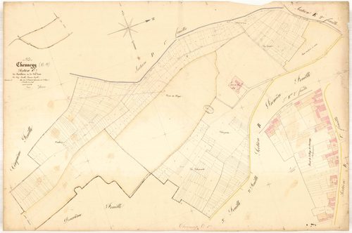 Chennegy, section C dite des montelains et du Val Dreux, feuille n° 1 et haut du village de Chennegy (Développement), parcelles n°1-381