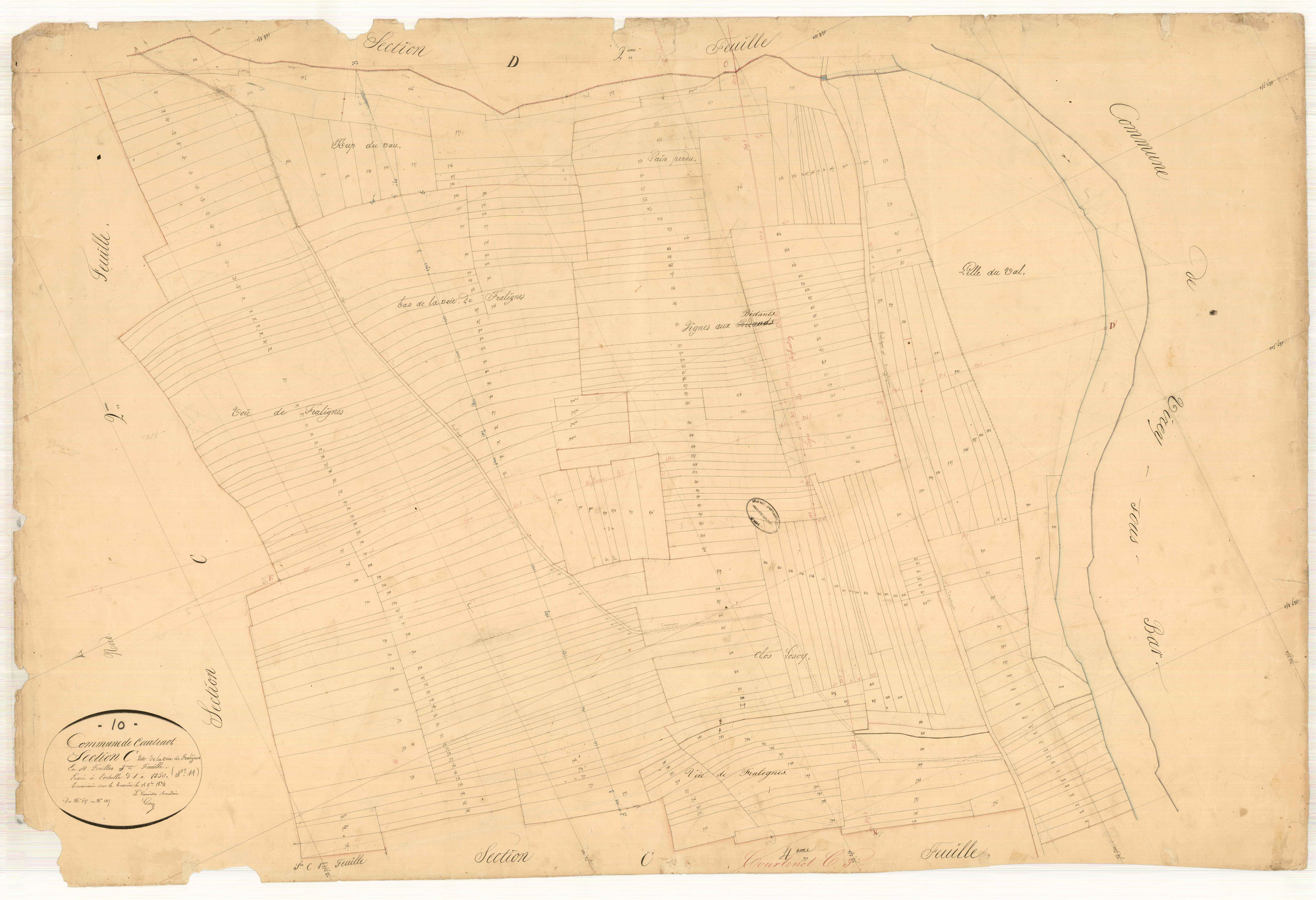 Courtenot, section C dite de la voie de fralignes, feuille n° 3, parcelles n° 685-1017
