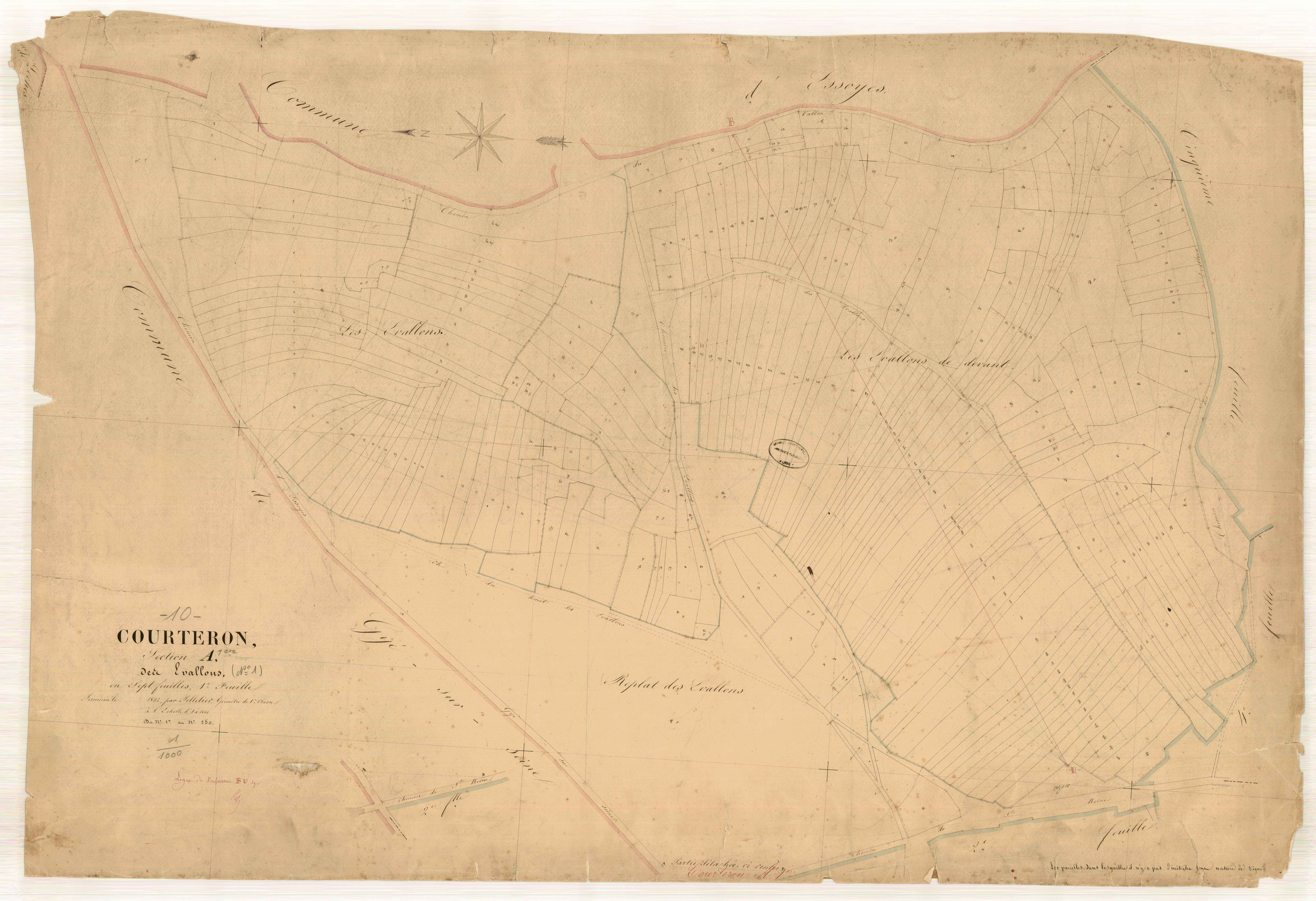Courteron, section A dite des évallous, feuille n° 1, parcelles n° 1-250