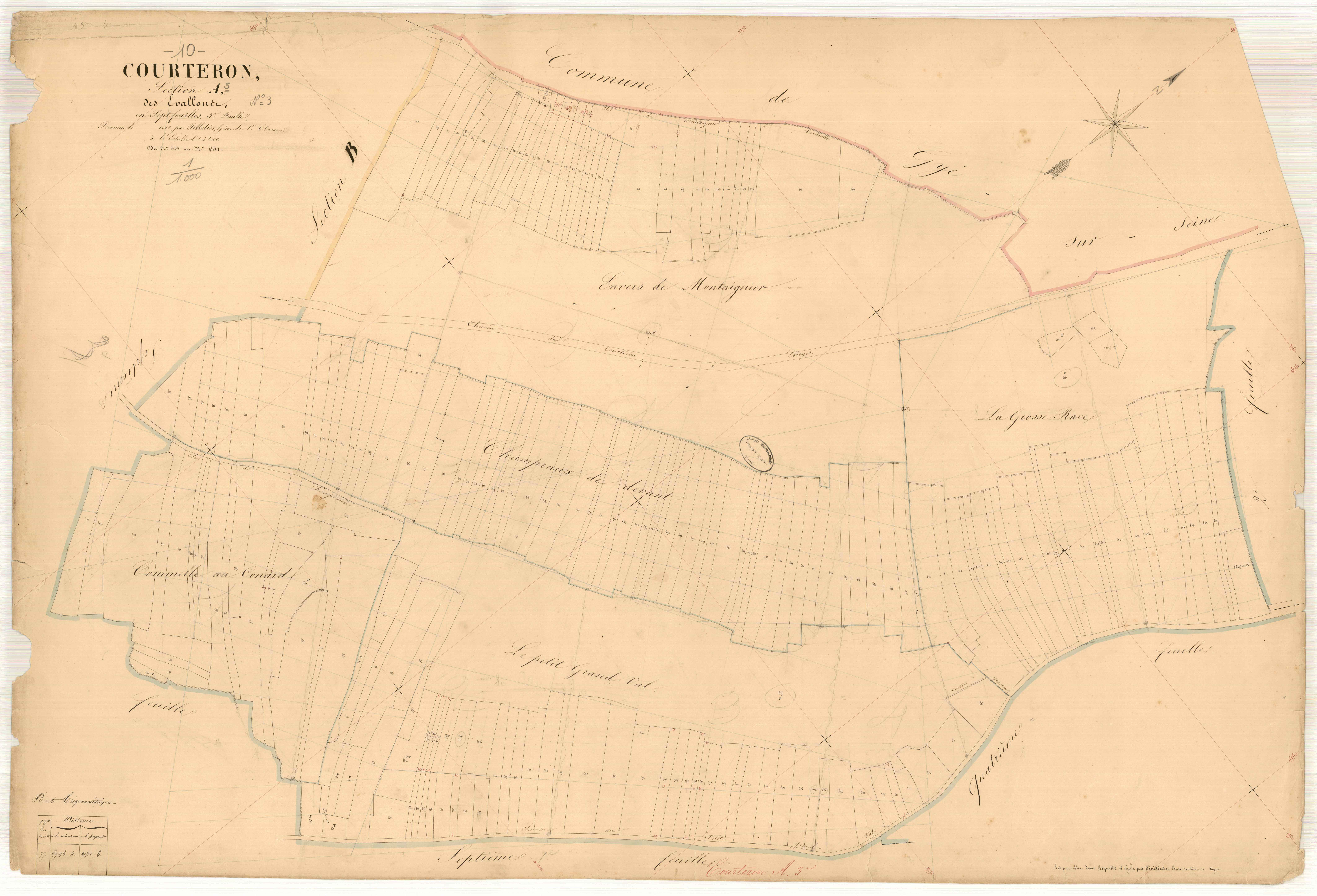 Courteron, section A dite des évallous, feuille n° 3, parcelles n° 432-641