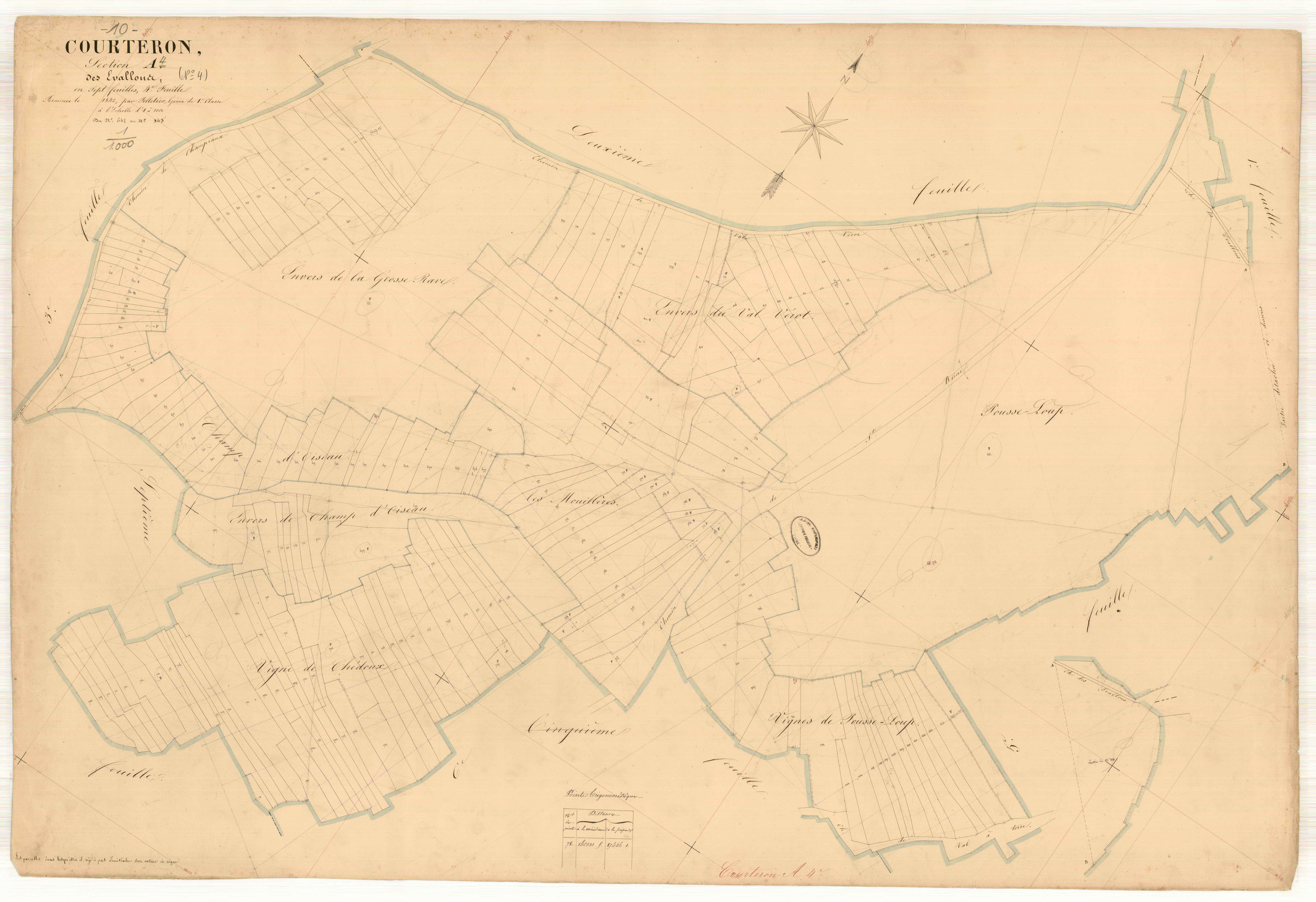 Courteron, section A dite des évallous, feuille n° 4, parcelles n° 642-845
