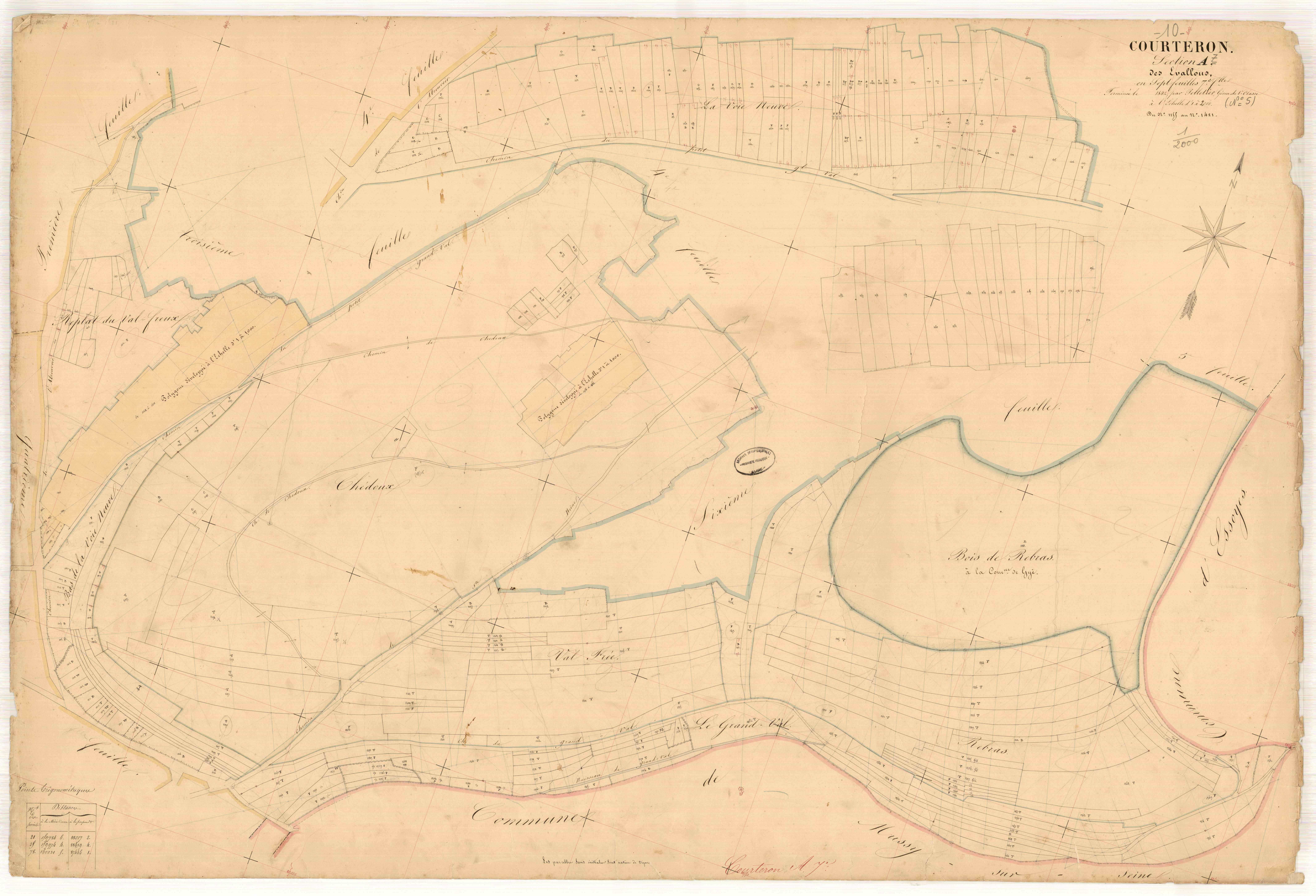 Courteron, section A dite des évallous, feuille n° 7, parcelles n° 1155-1421
