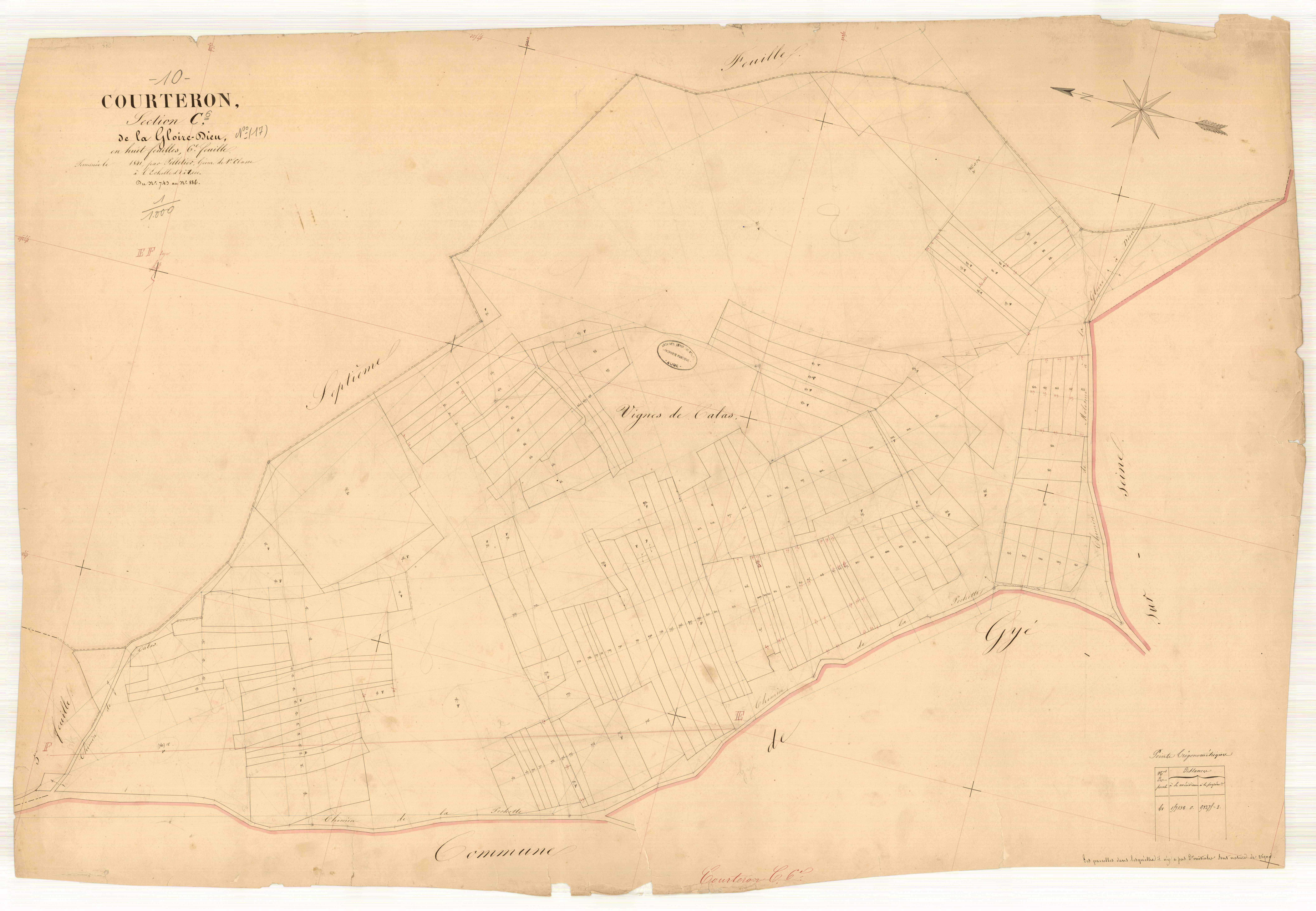 Courteron, section C dite de la gloire Dieu, feuille n° 6, parcelles n° 743-886