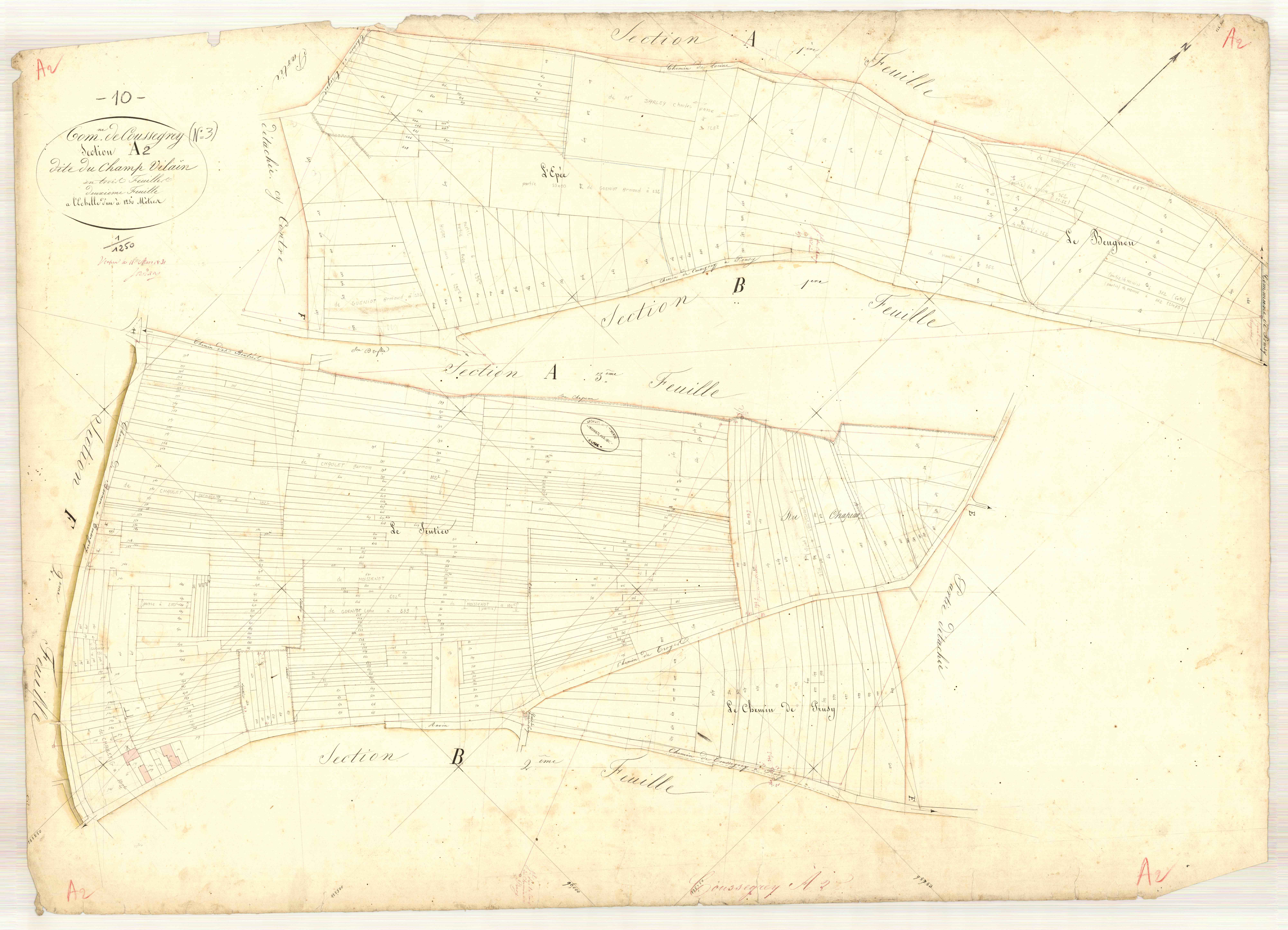 Coussegrey, section A dite du champ vilain, feuille n° 2, parcelles n° 348-778