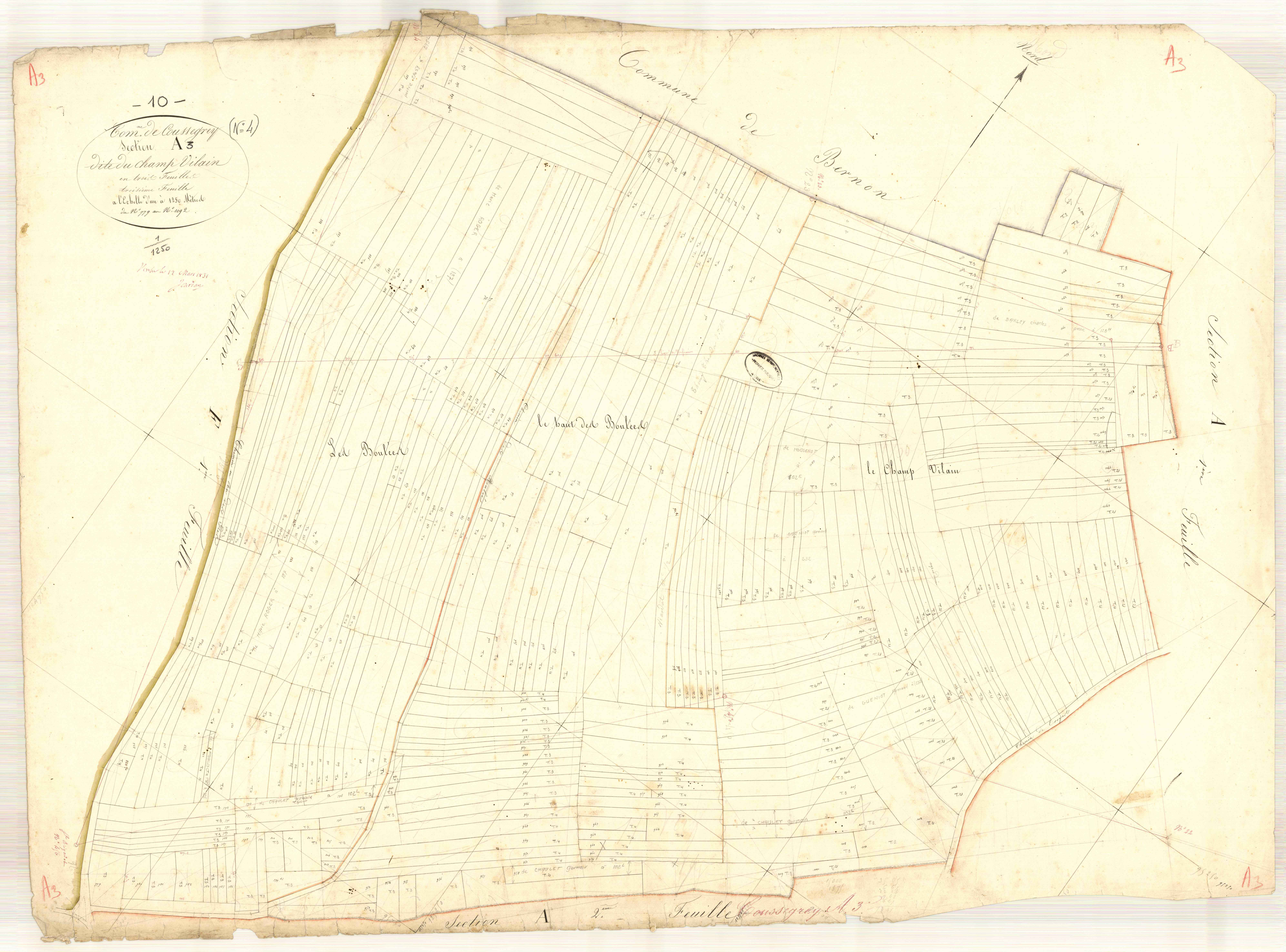 Coussegrey, section A dite du champ vilain, feuille n° 3, parcelles n° 779-1092