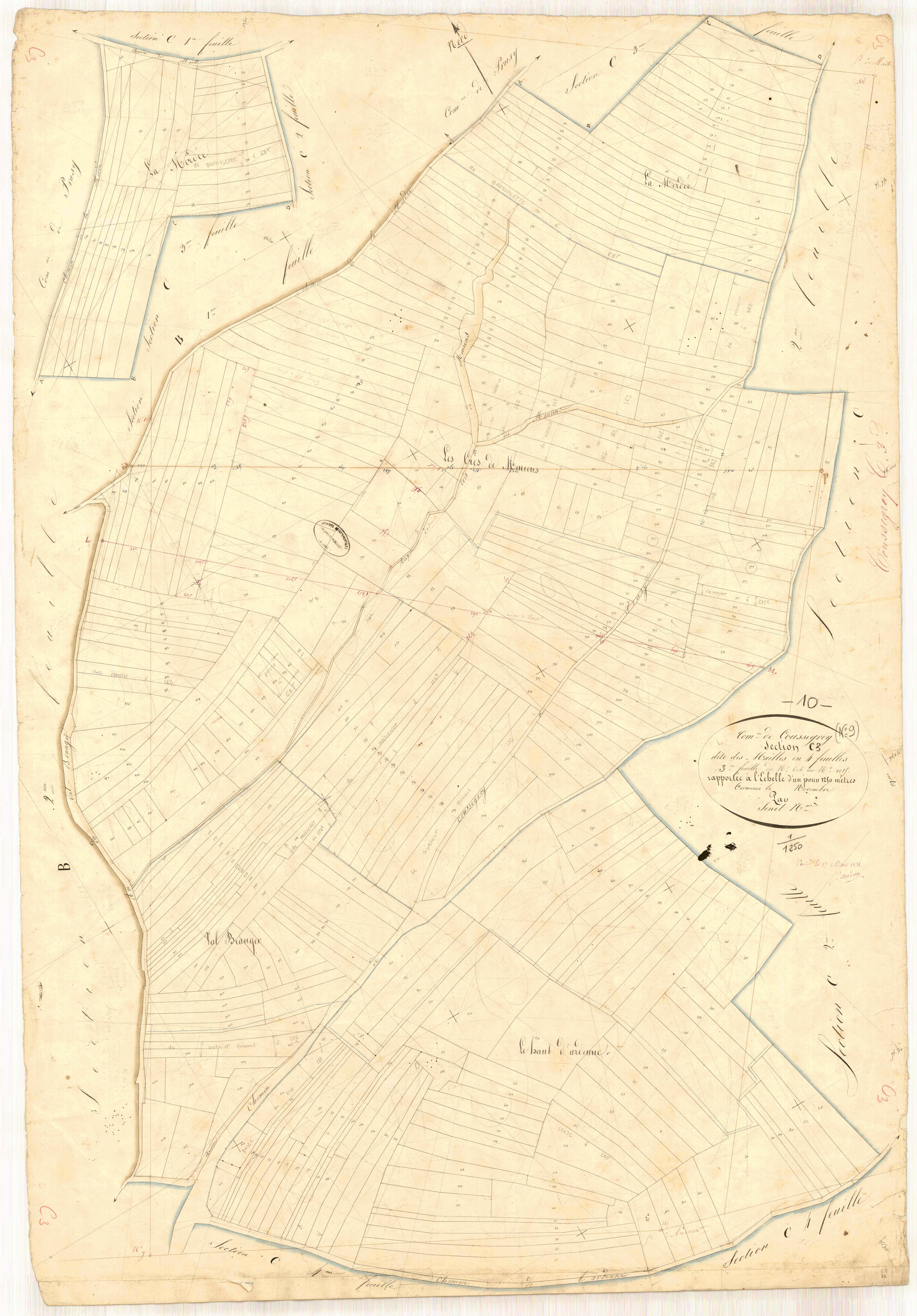 Coussegrey, section C dite des mailles, feuille n° 3, parcelles n° 606-1015