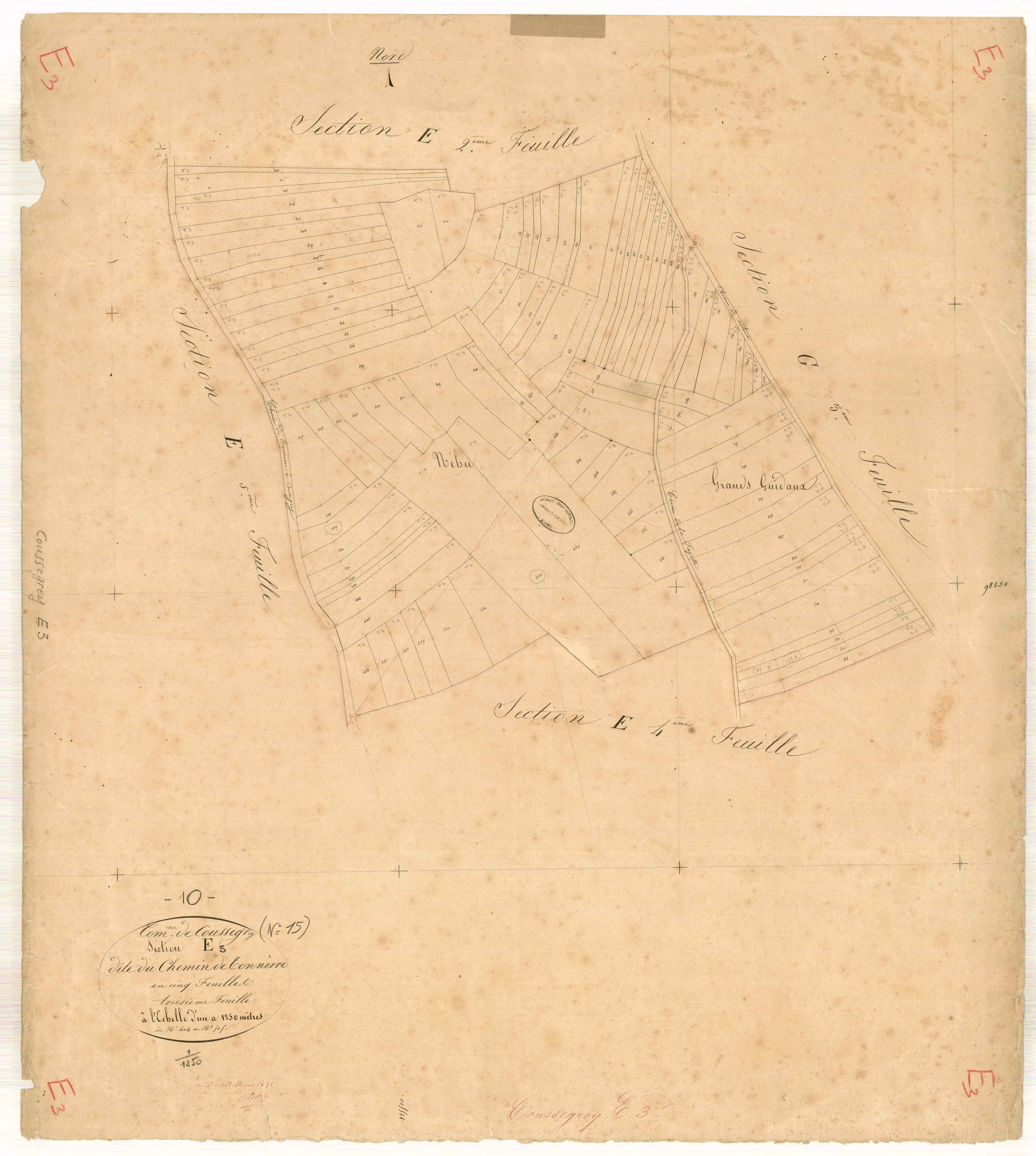 Coussegrey, section E dite du chemin de Tonnerre, feuille n° 3, parcelles n° 404-505