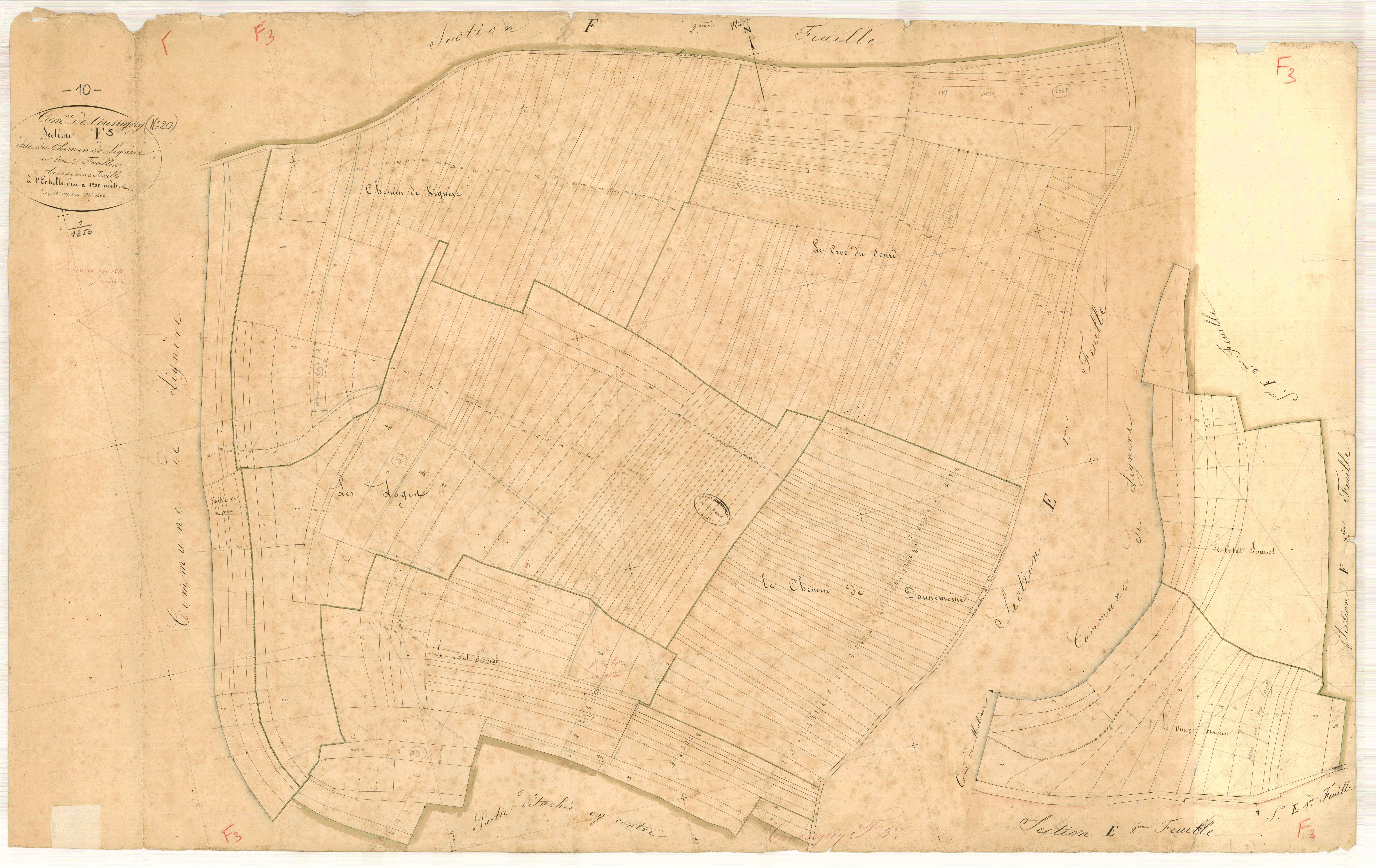 Coussegrey, section F dite du chemin de la Lignière, feuille n° 3, parcelles n° 1173-1462