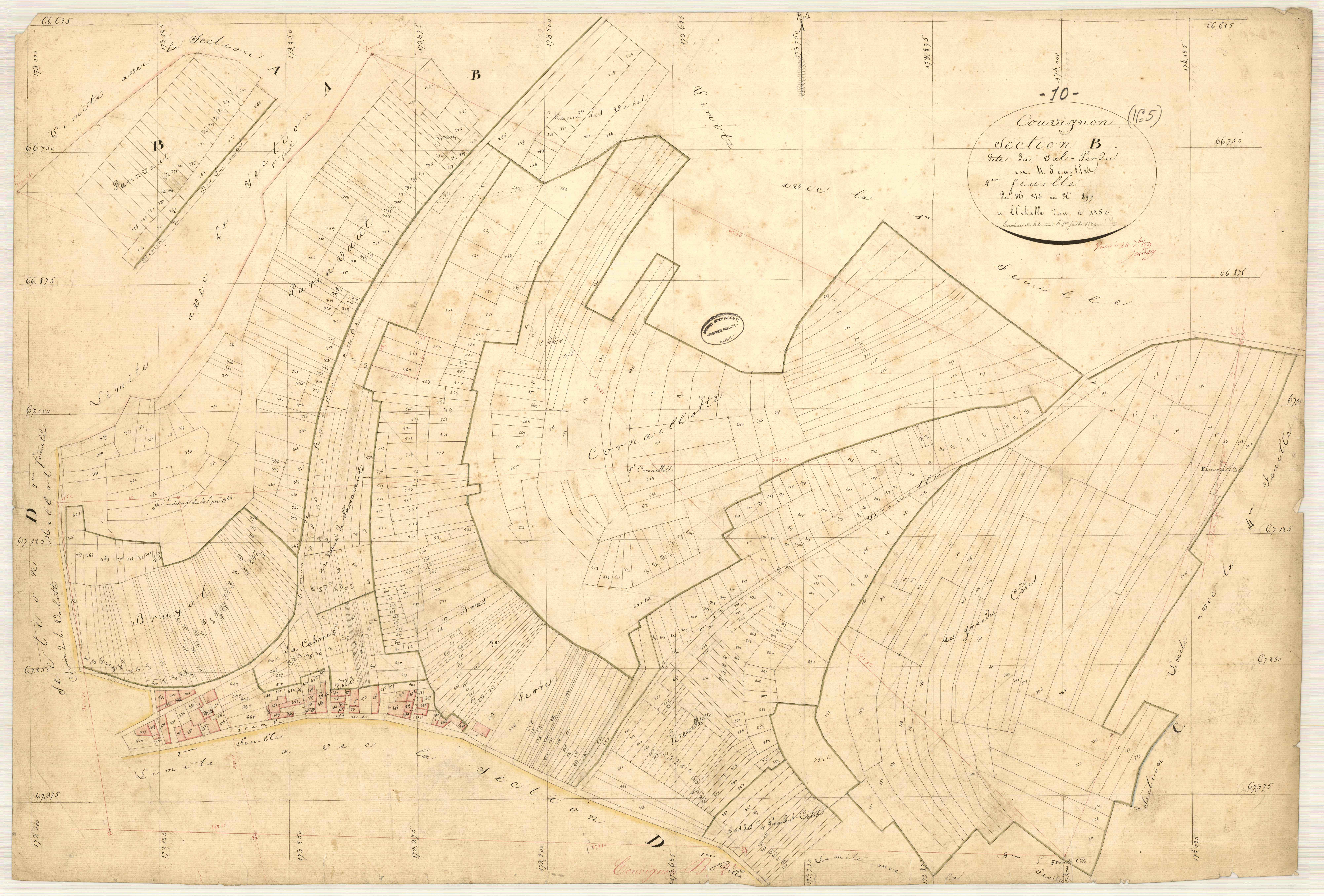 Couvignon, section B dite du val perdu, feuille n° 2, parcelles n° 246-899