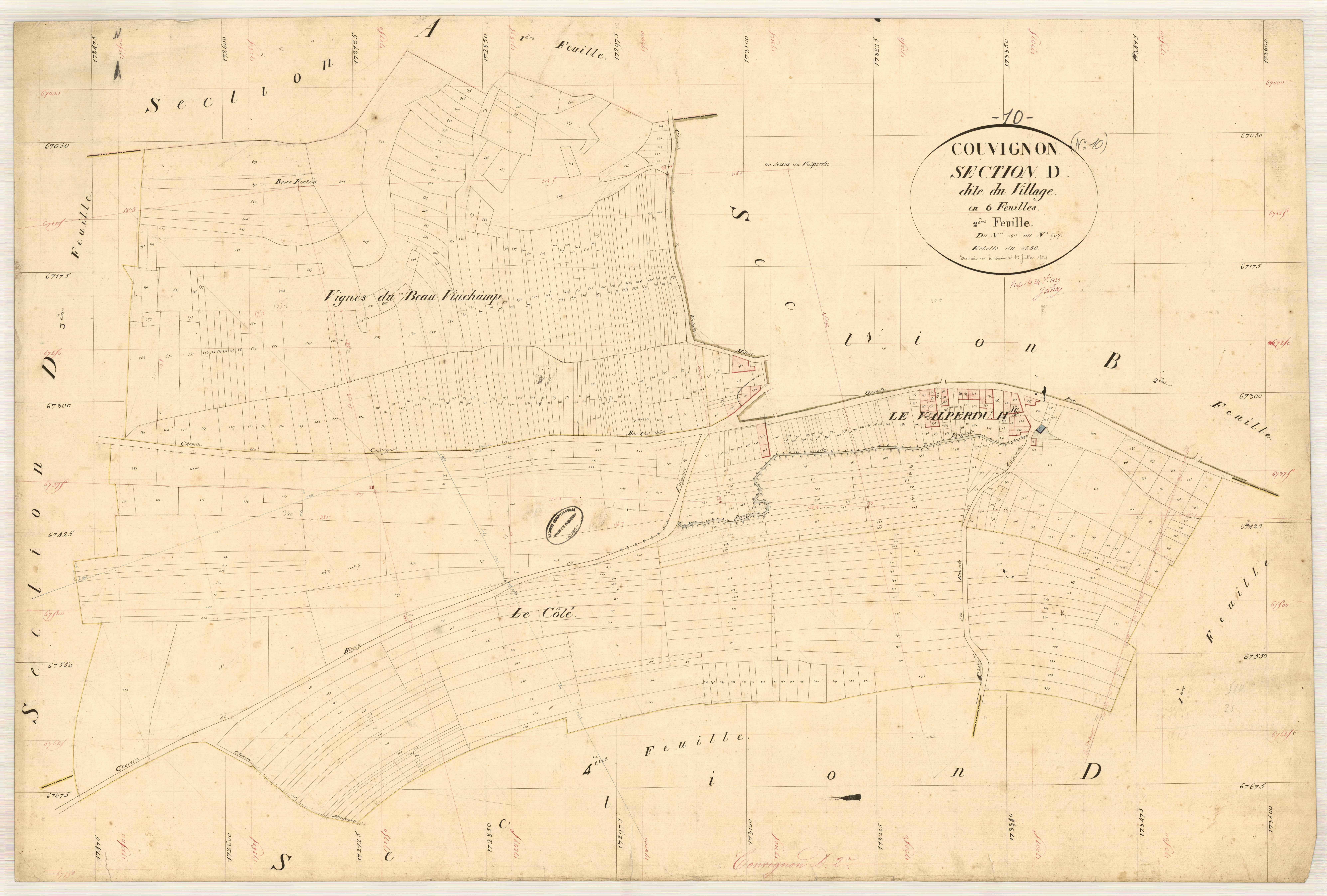 Couvignon, section D dite du village, feuille n° 2, parcelles n° 180-697