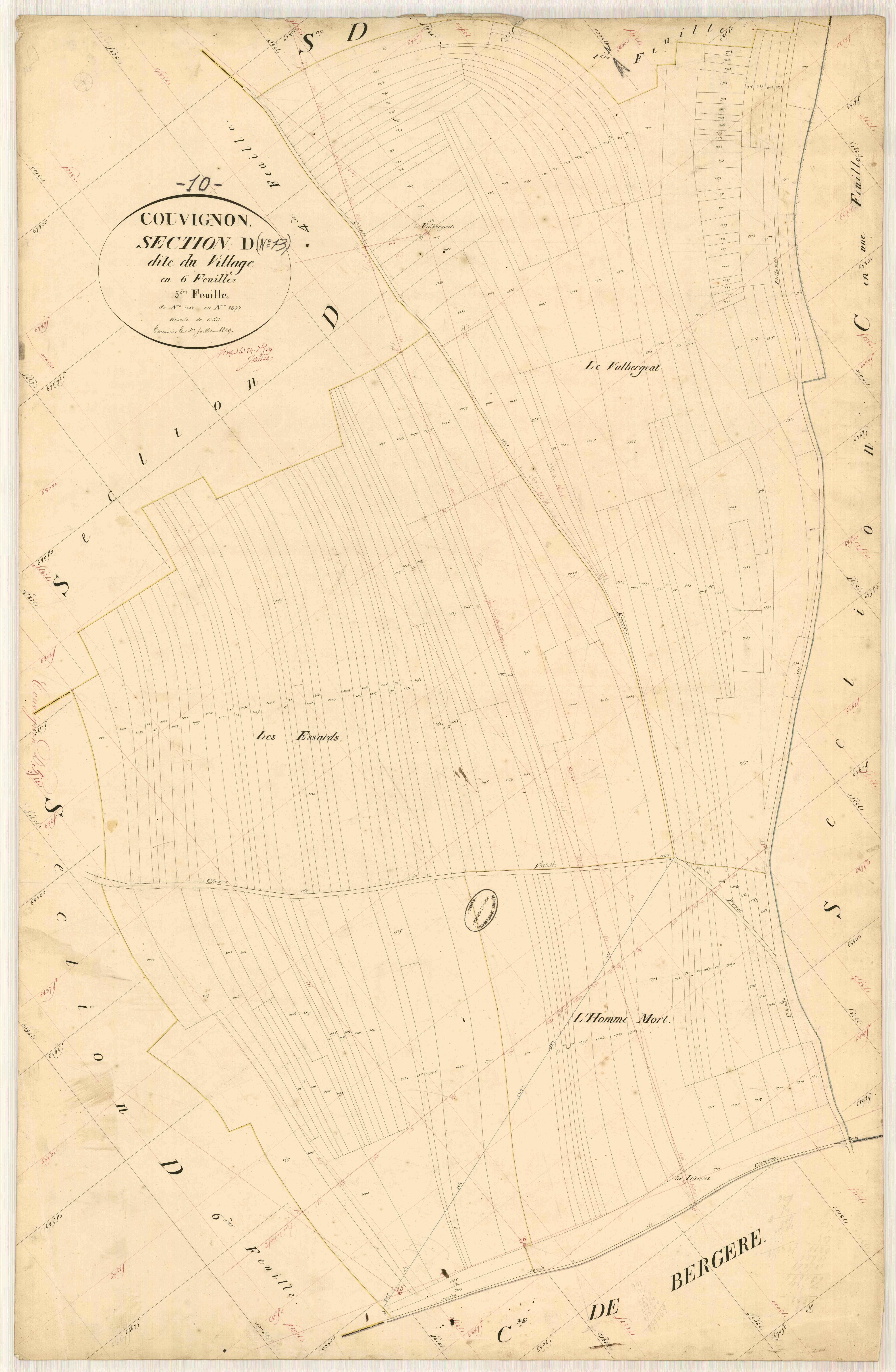 Couvignon, section D dite du village, feuille n° 5, parcelles n° 1851-2077