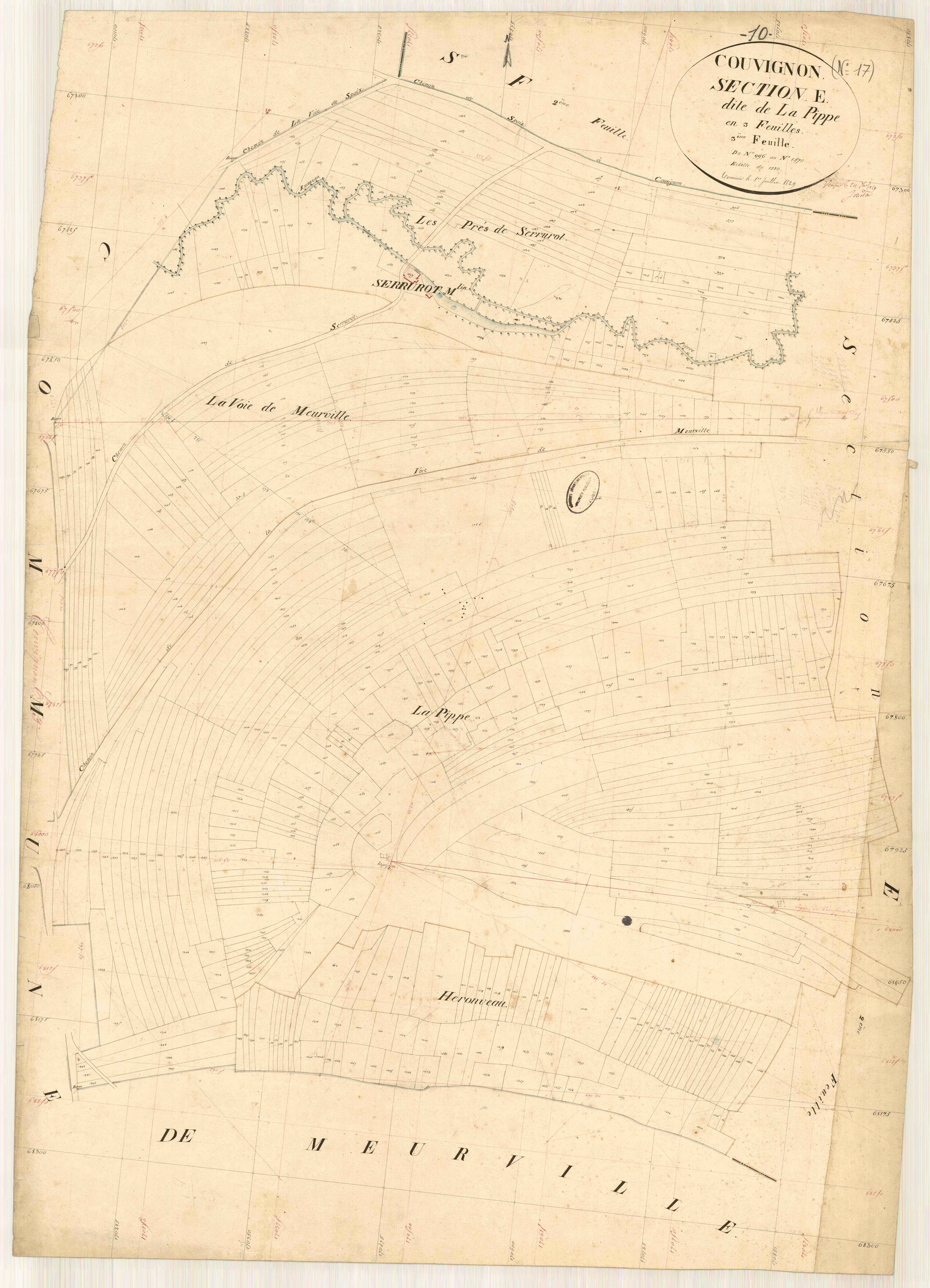 Couvignon, section E dite de la pippe, feuille n° 3, parcelles n° 996-1470