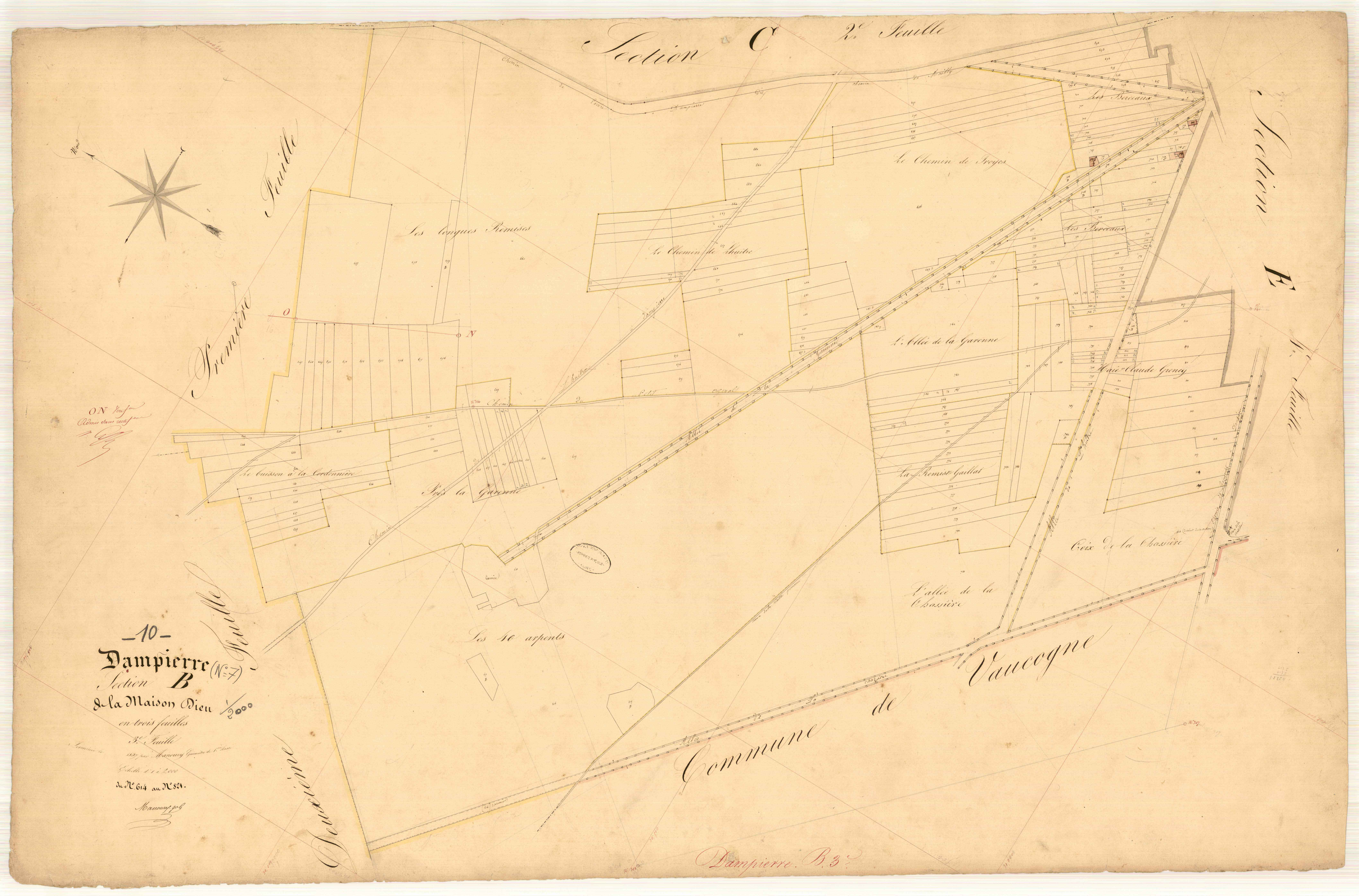 Dampierre, section B dite la maison Dieu, feuille n° 3, parcelles n° 614-821