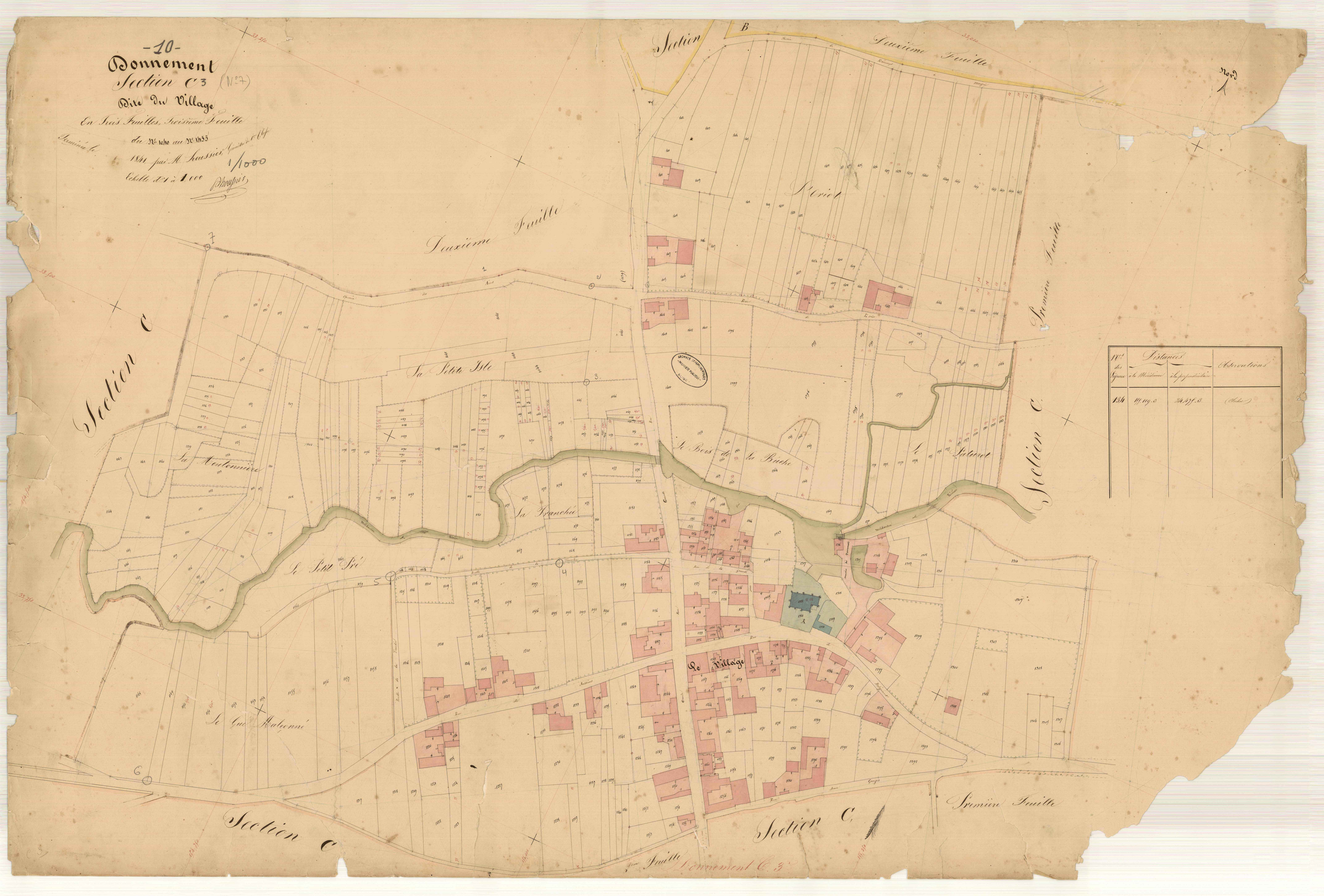 Donnement, section C dite du village, feuille n° 3, parcelles n° 1040-1455
