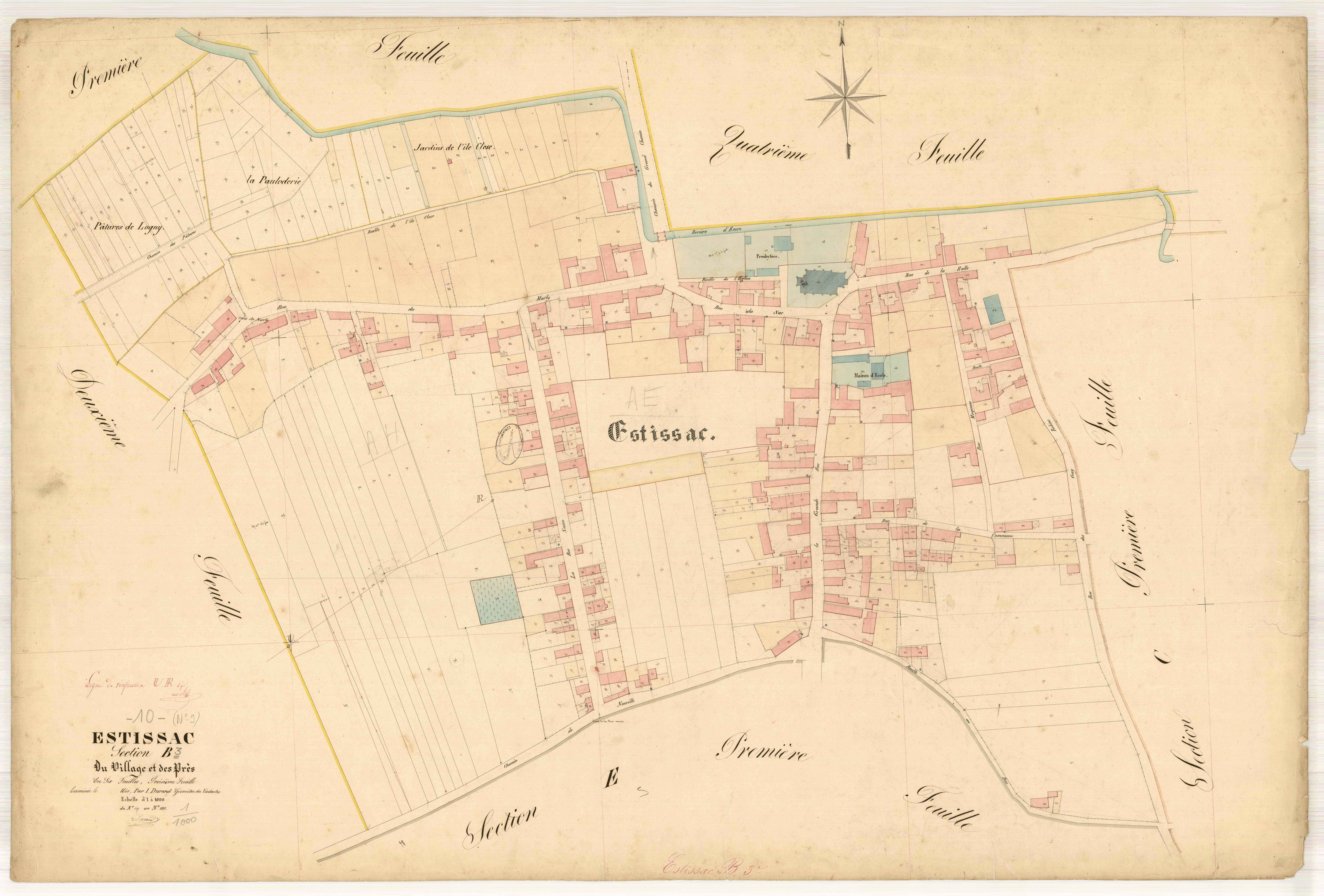 Estissac, section B dite du village et des prés, feuille n° 3, parcelles n° 697-1110