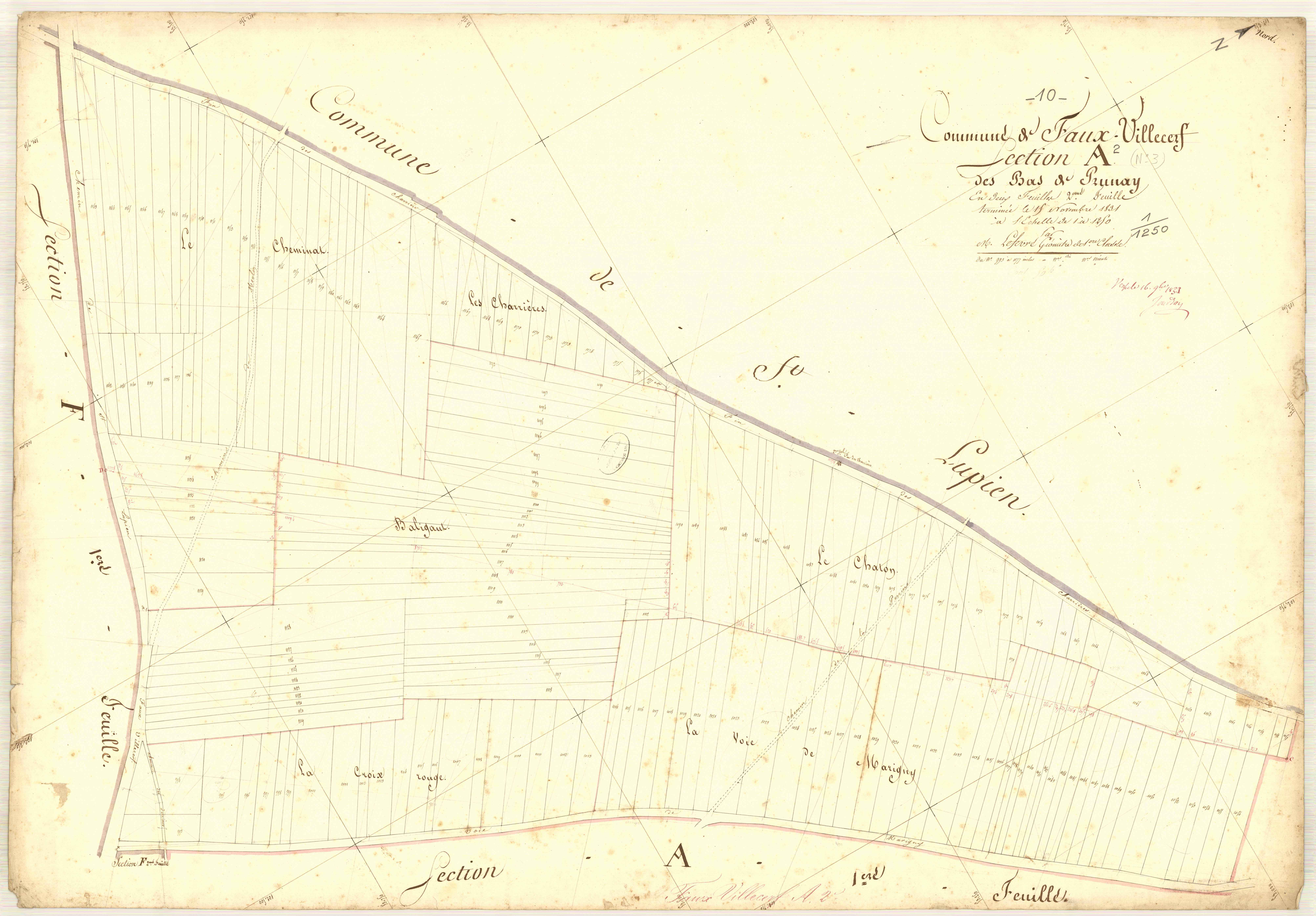Faux-Villecerf, section A dite des bas de Prunay, feuille n° 2, parcelles n° 993-1177