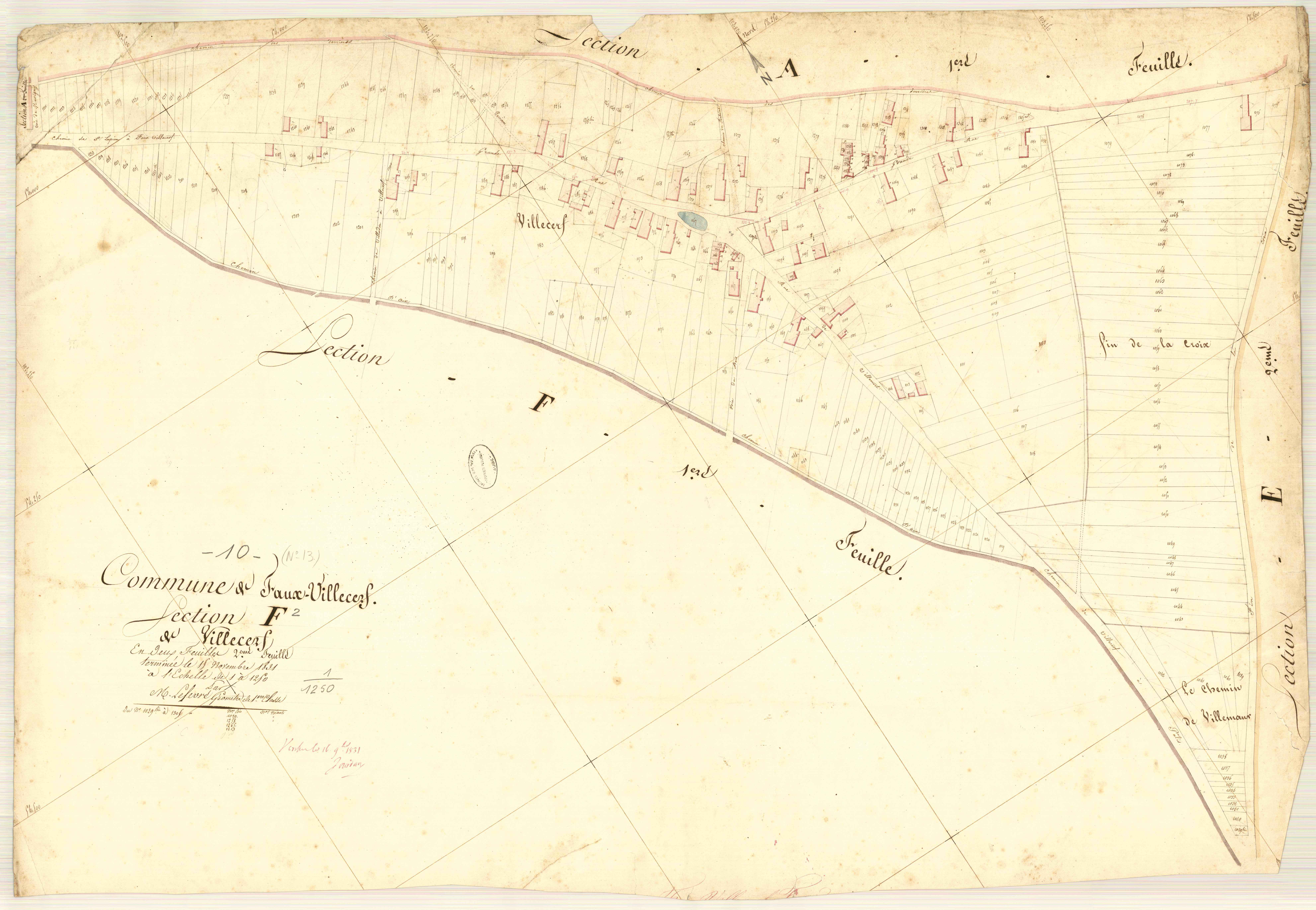 Faux-Villecerf, section F dite de Villecerf, feuille n° 2, parcelles n° 1029b-1305