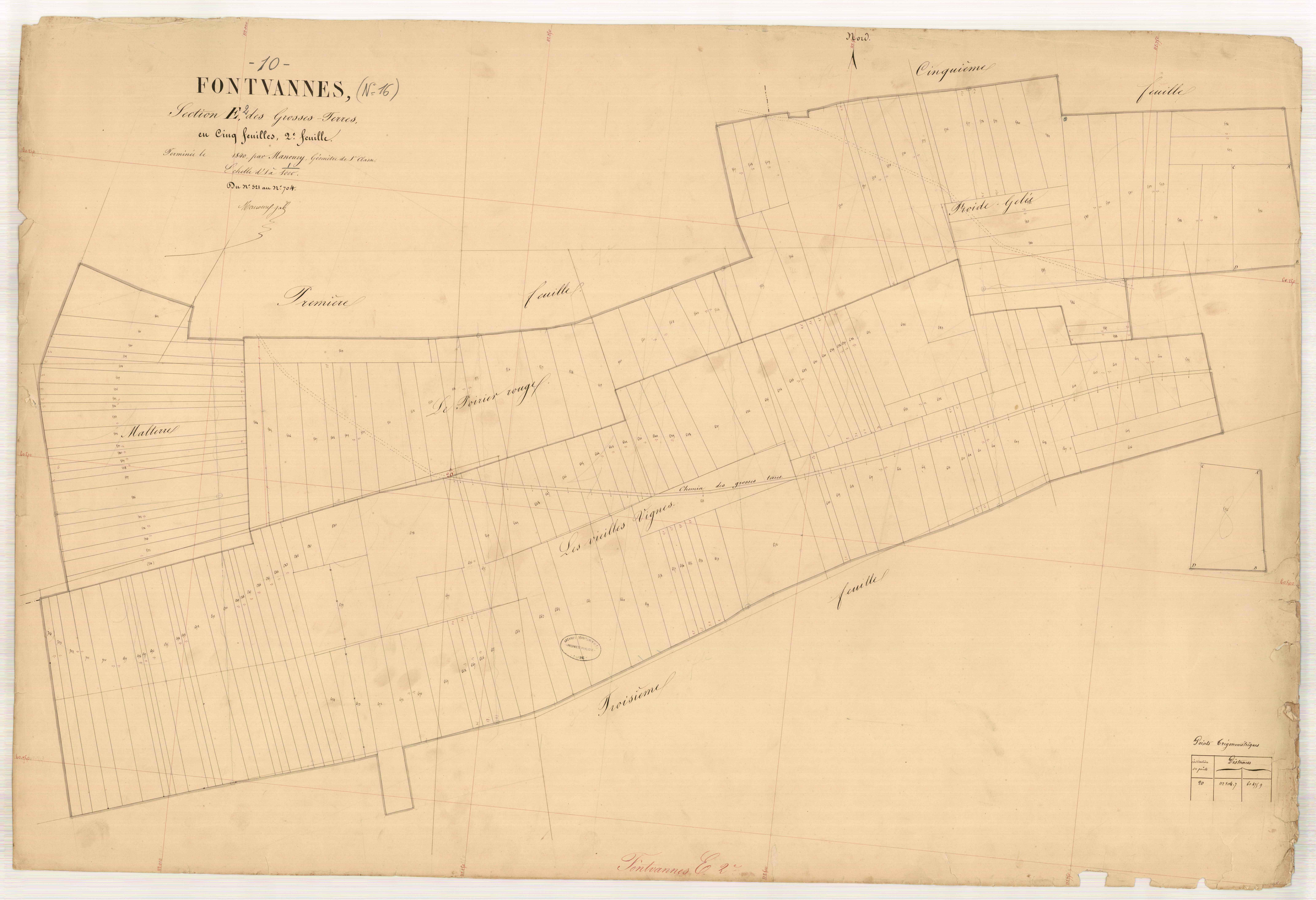 Fontvannes, section E dite des Grosses Terres, feuille n° 2, parcelles n°521-704