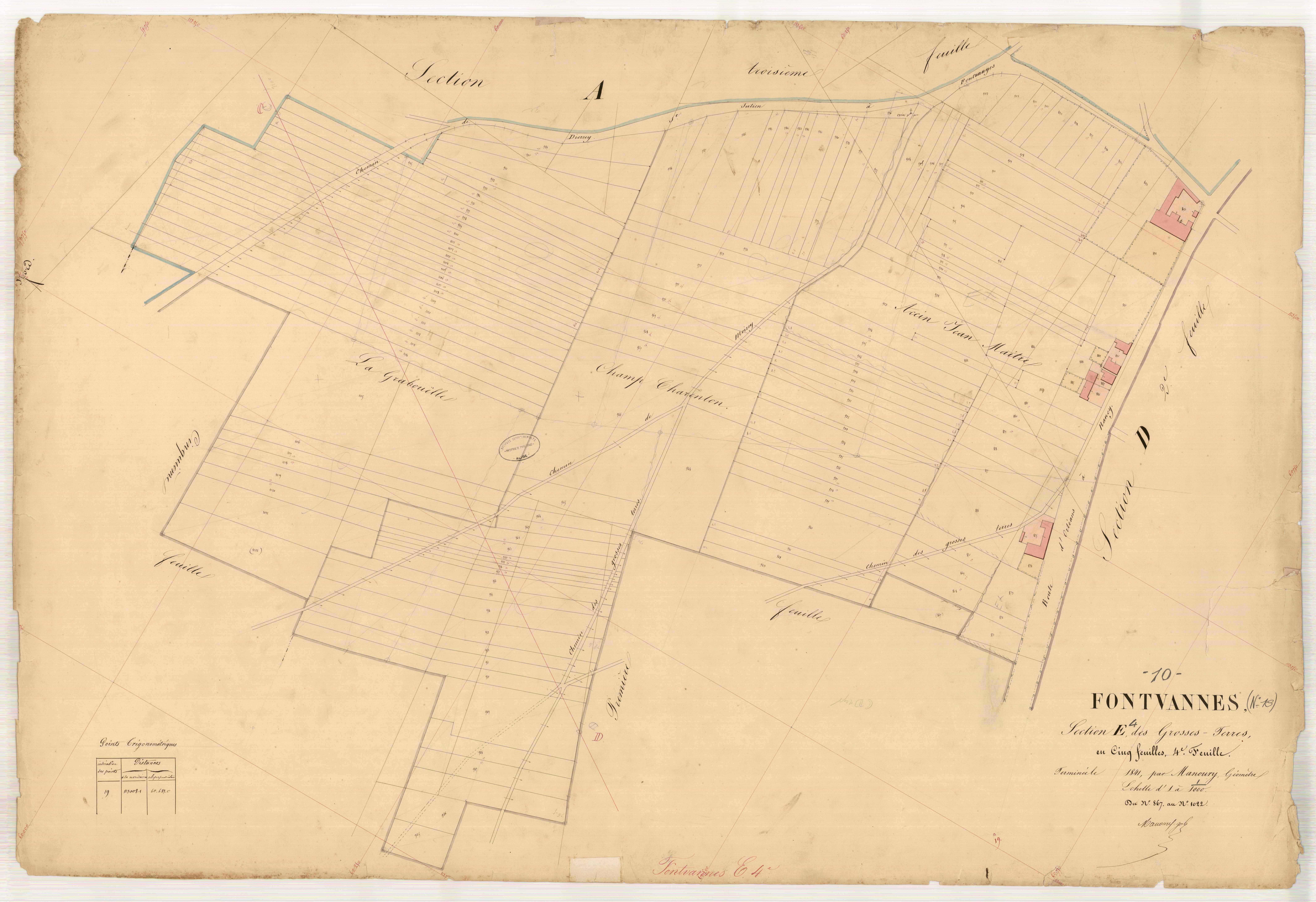 Fontvannes, section E dite des Grosses Terres, feuille n° 4, parcelles n°867-1022