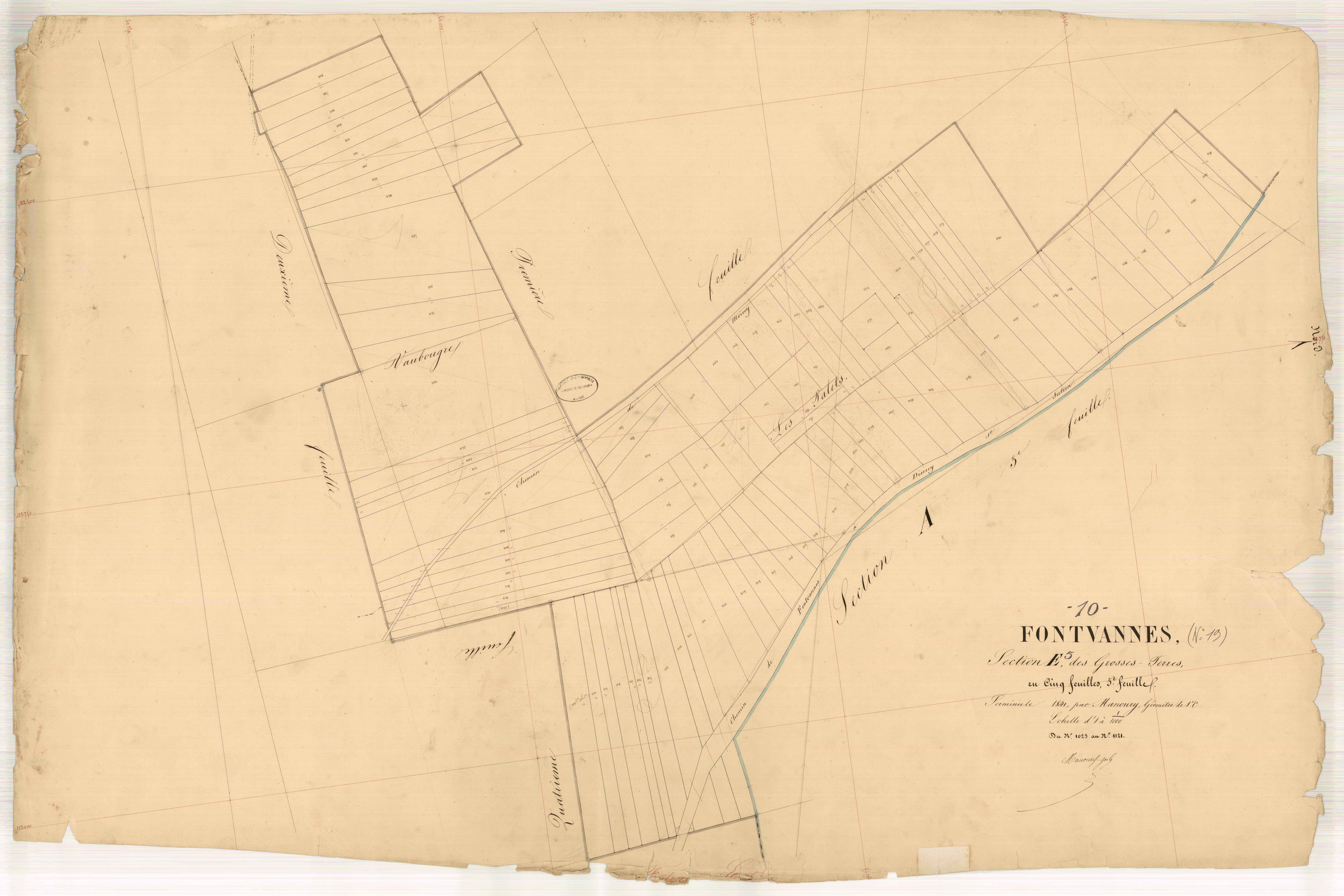 Fontvannes, section E dite des Grosses Terres, feuille n° 5, parcelles n°1023-1121