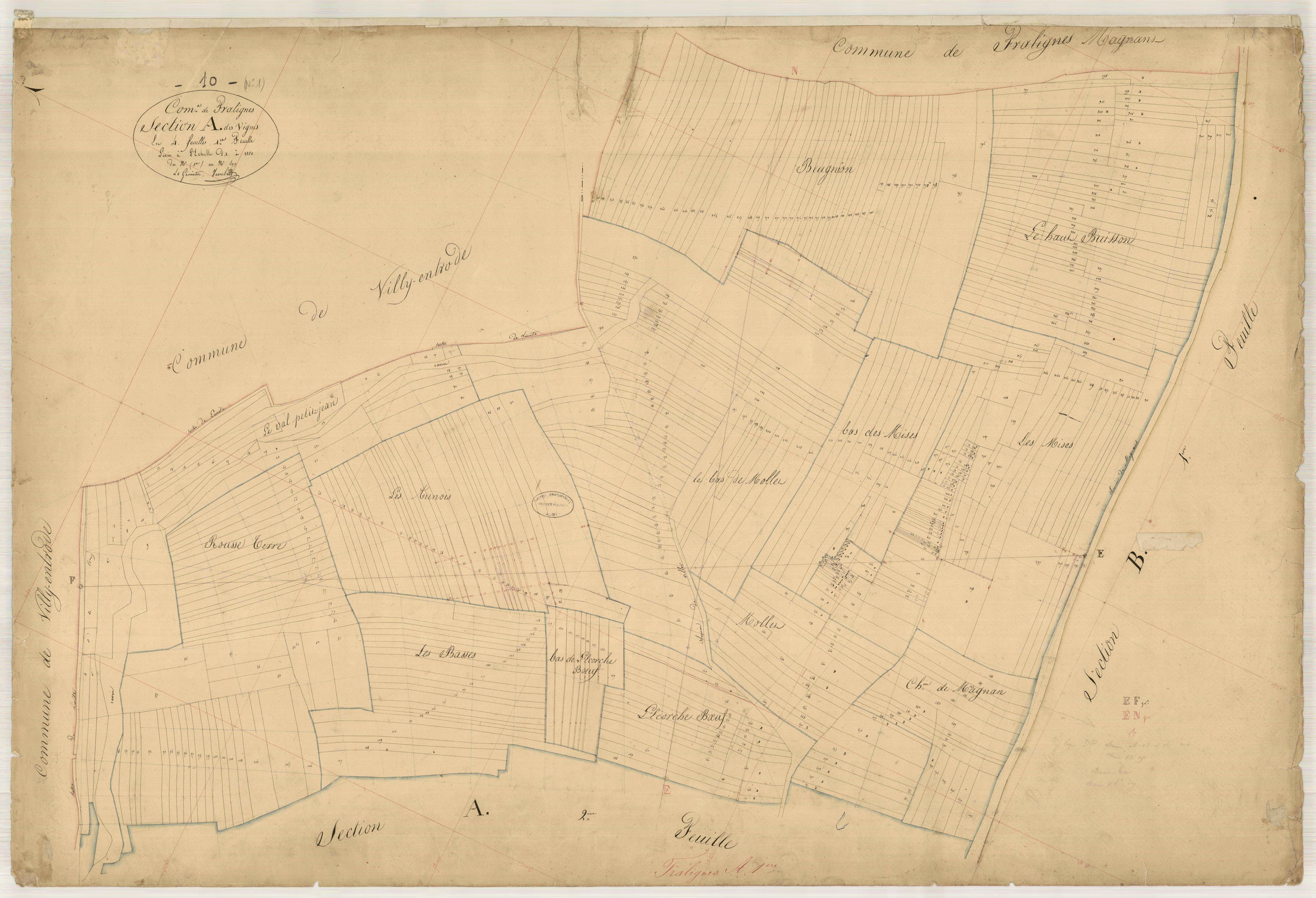 Fralignes, section A dite des Vignes, feuille n° 1, parcelles n°1-499