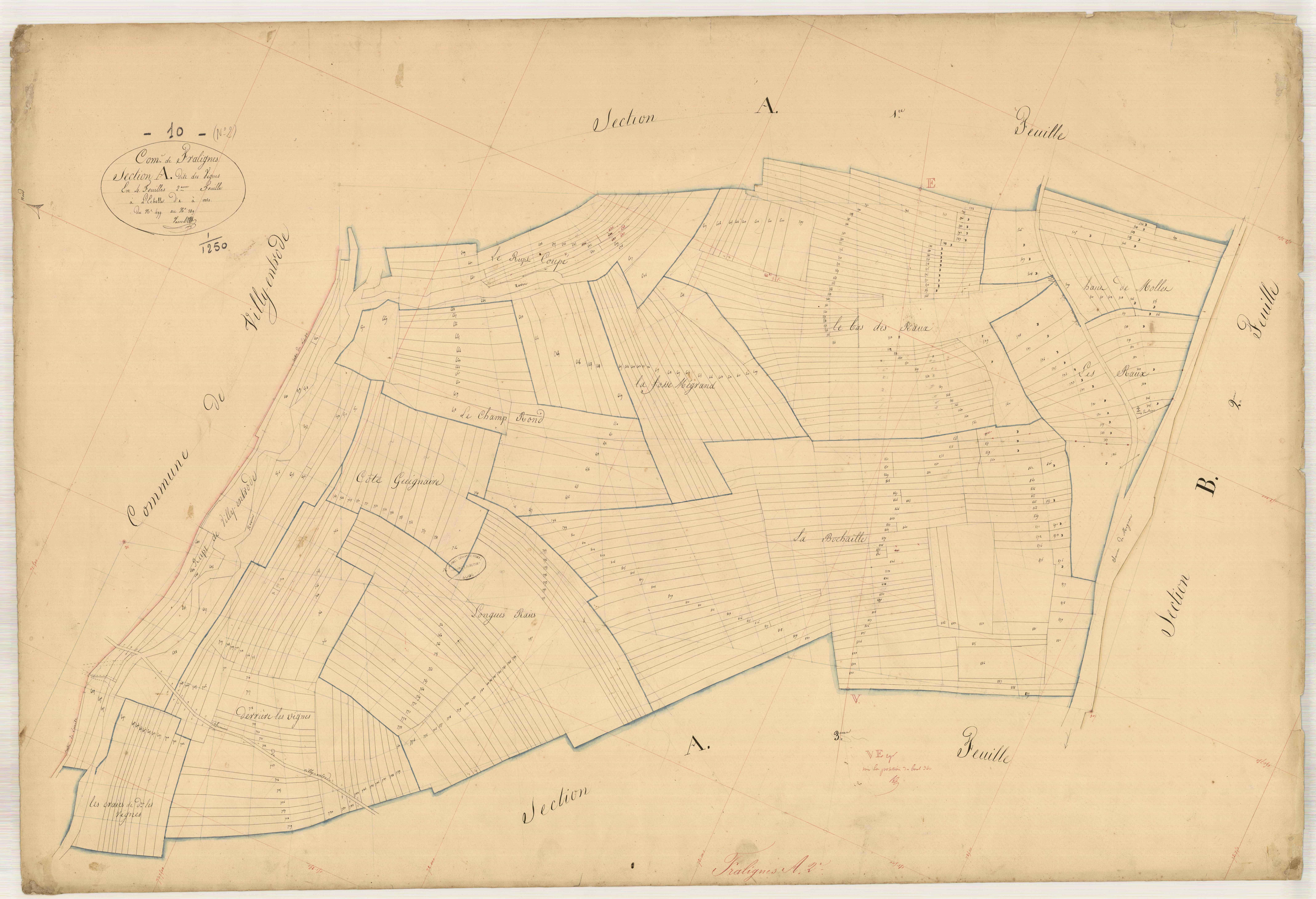 Fralignes, section A dite des Vignes, feuille n° 2, parcelles n°499-889