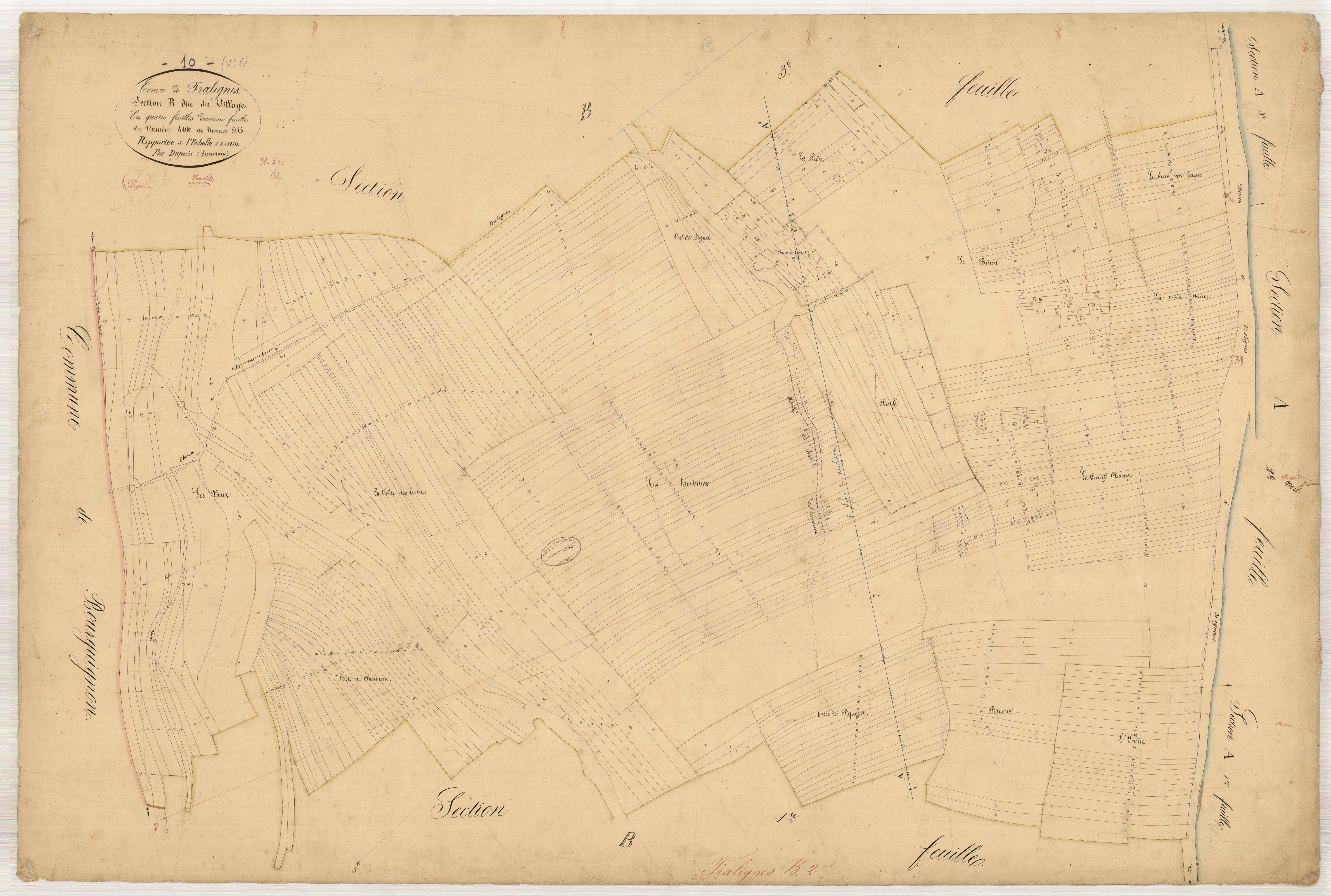 Fralignes, section B dite du Village, feuille n° 2, parcelles n°408-955