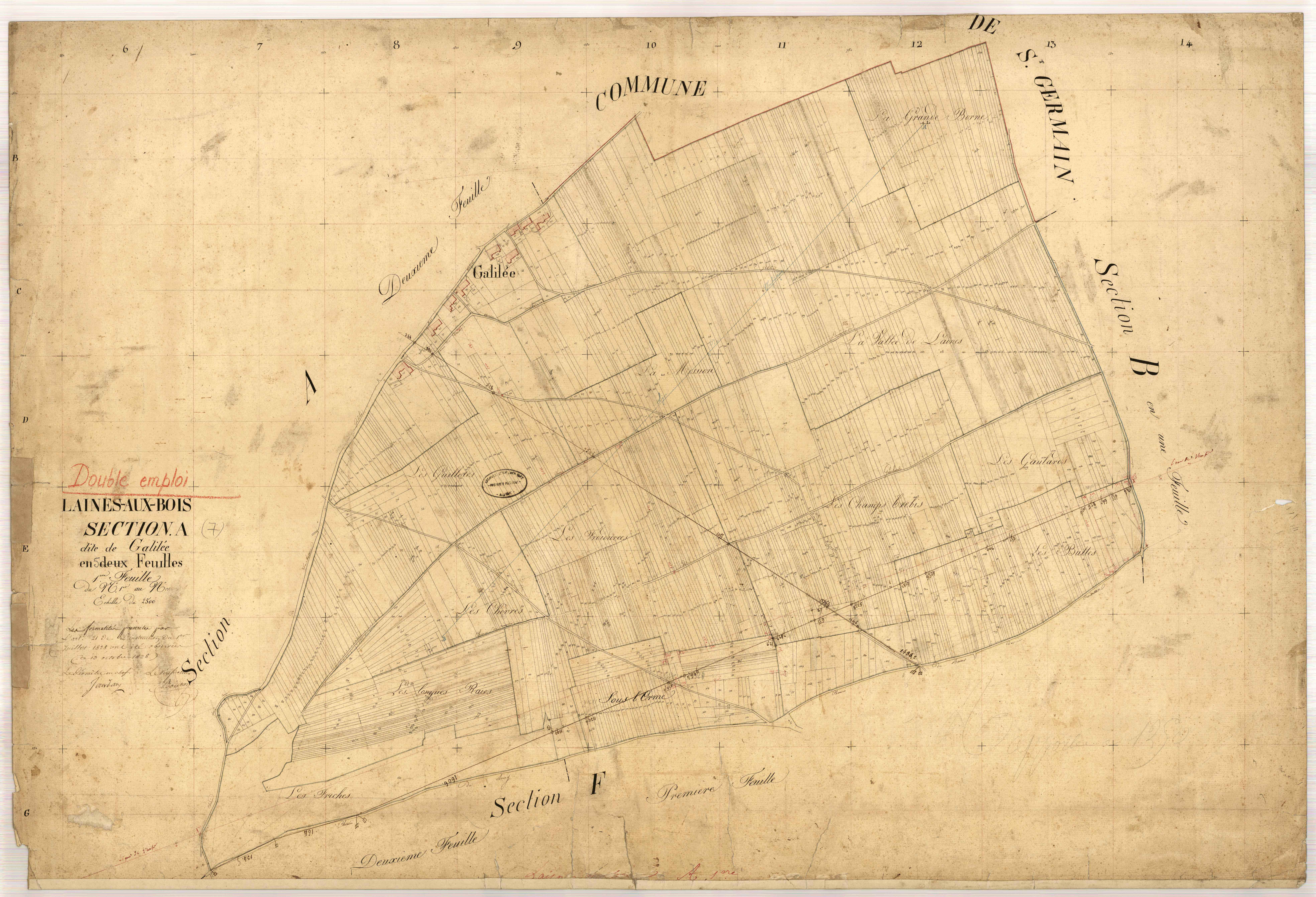 Laines-aux-Bois, section A dite de Galilée, feuille n° 1, double, parcelles n°1-1352