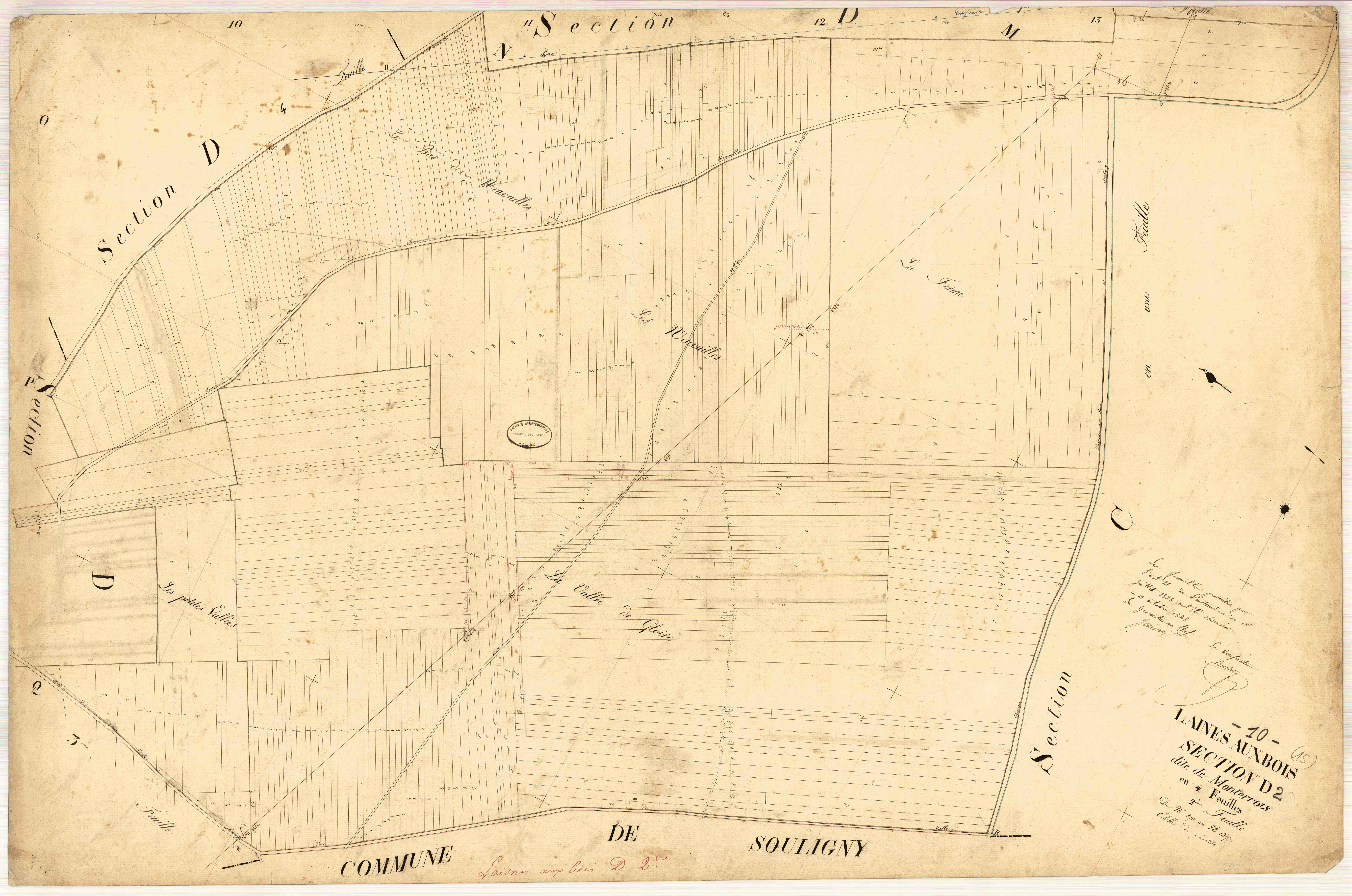 Laines-aux-Bois, section D dite de Monterrois, feuille n° 2, parcelles n°870-1377