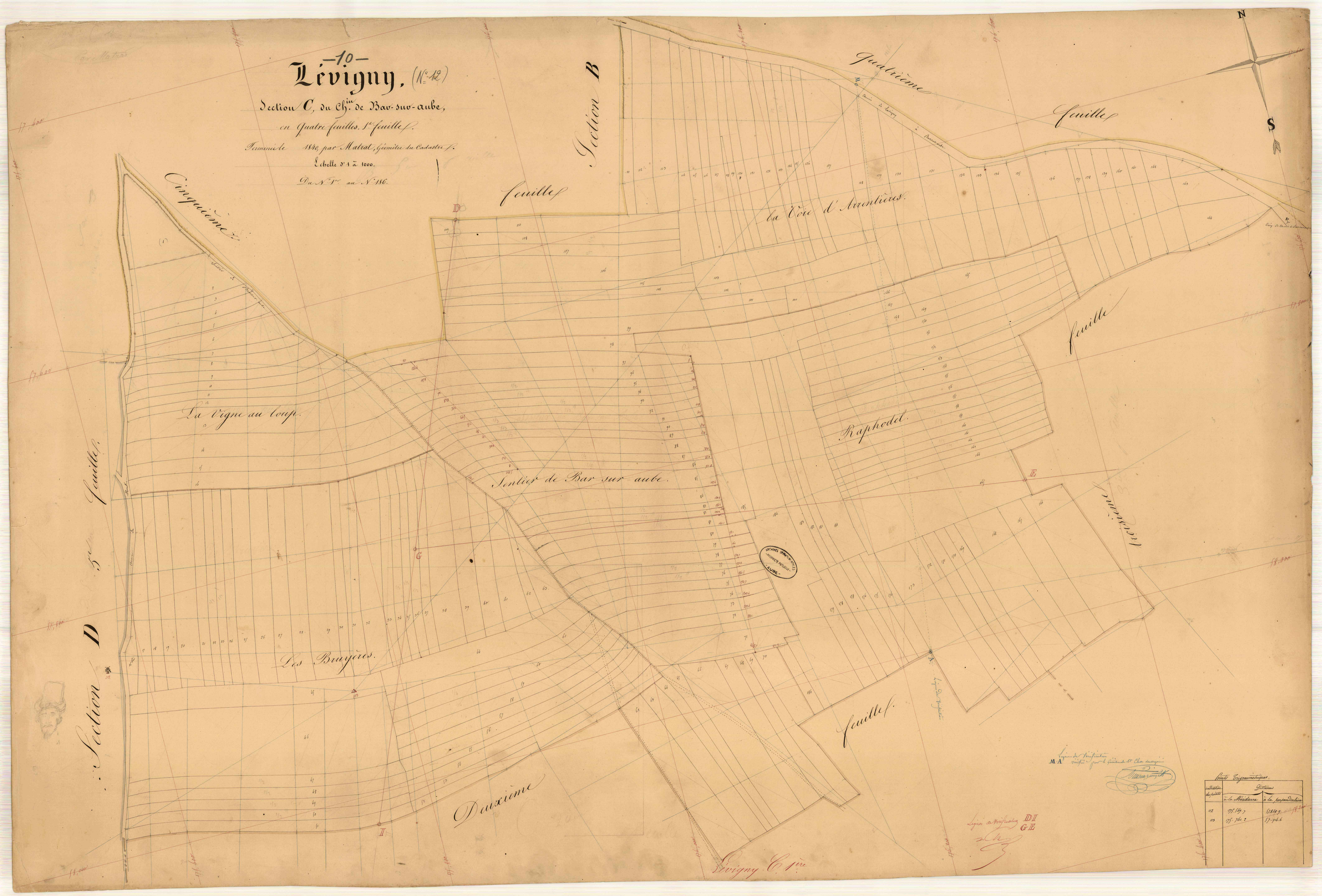 Lévigny, section C dite du chemin de Bar-sur-Aube, feuille n° 1, parcelles n°1-186