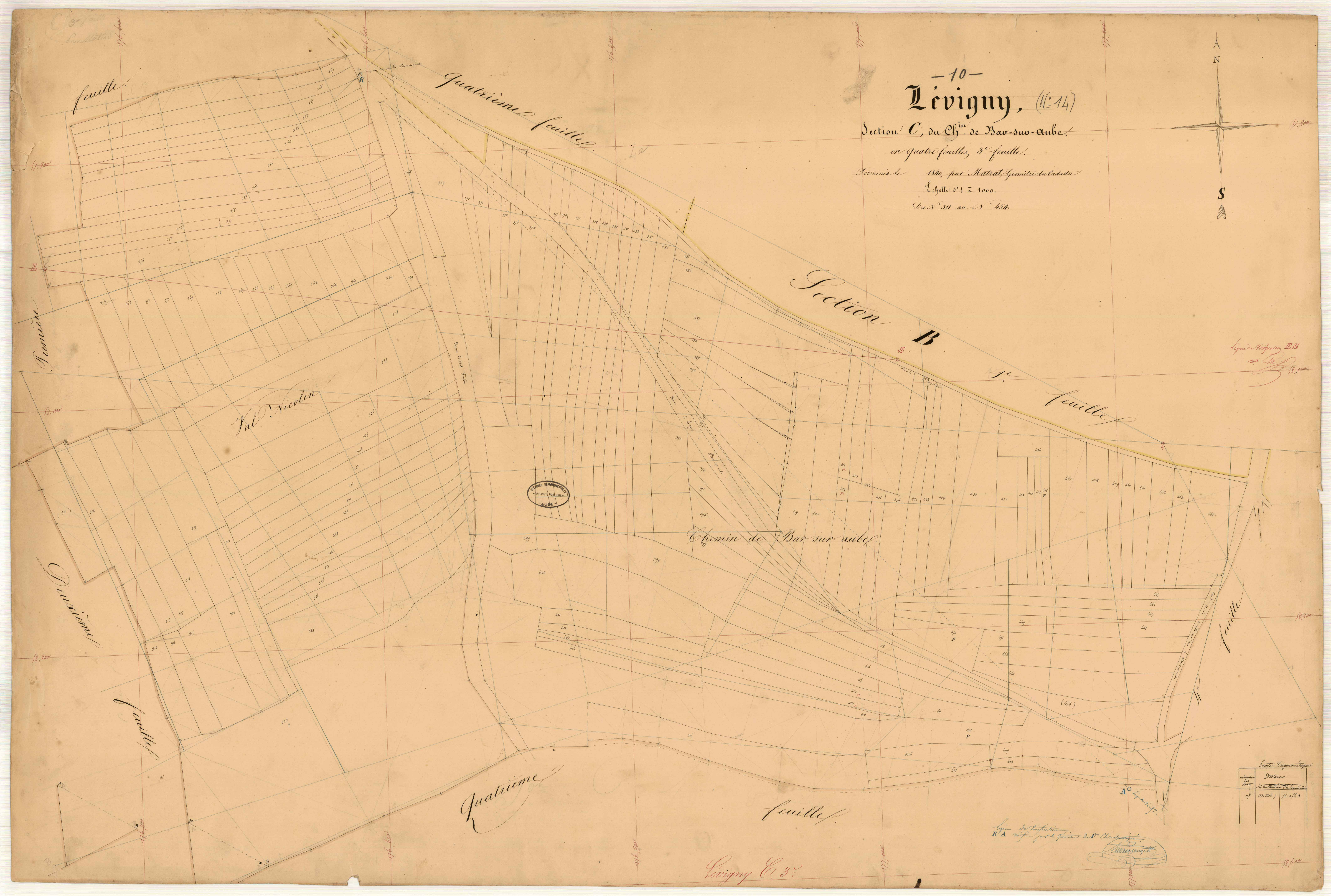 Lévigny, section C dite du chemin de Bar-sur-Aube, feuille n° 3, parcelles n°311-454