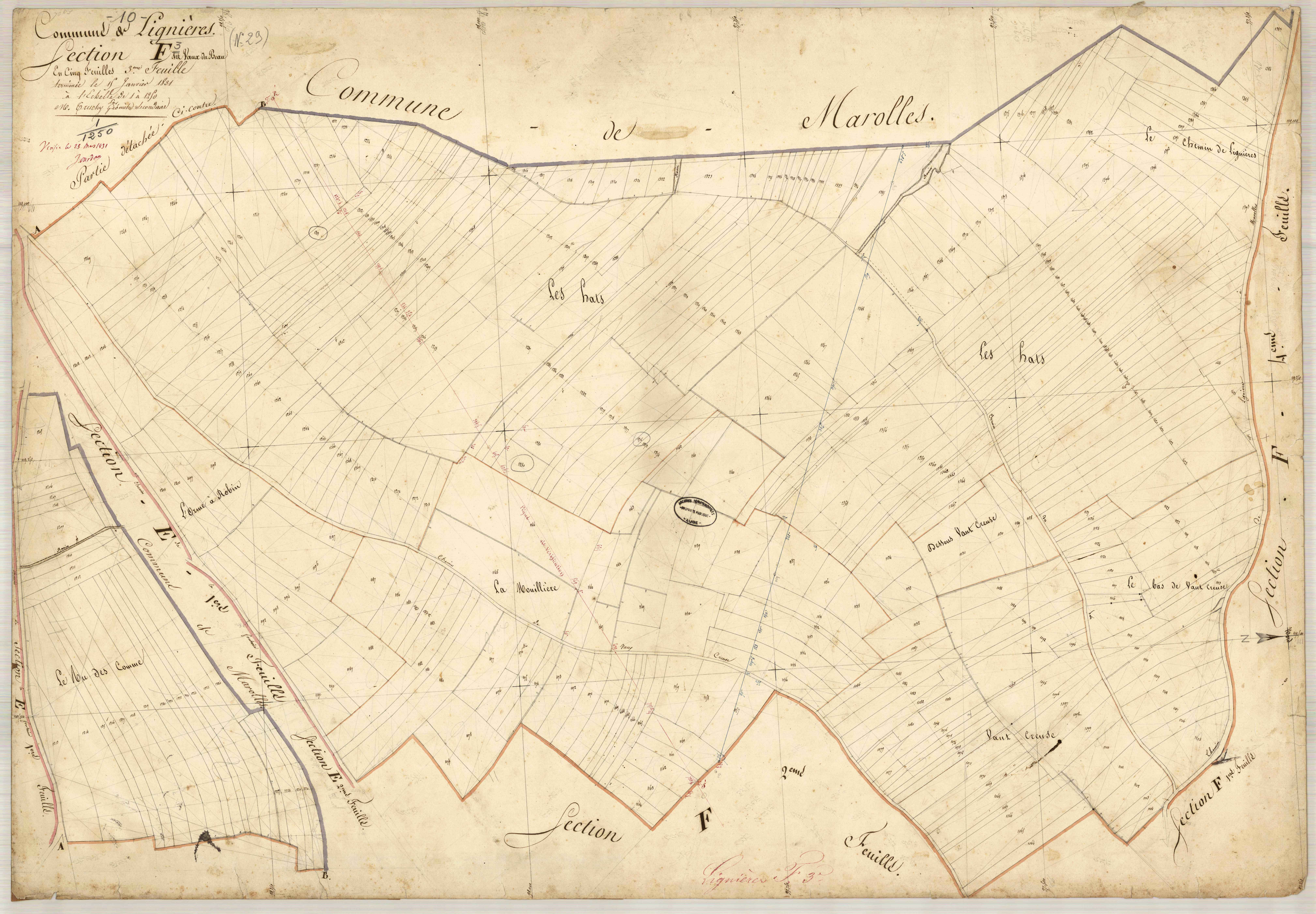 Lignières, section F dite des Vaux du beau, feuille n° 3