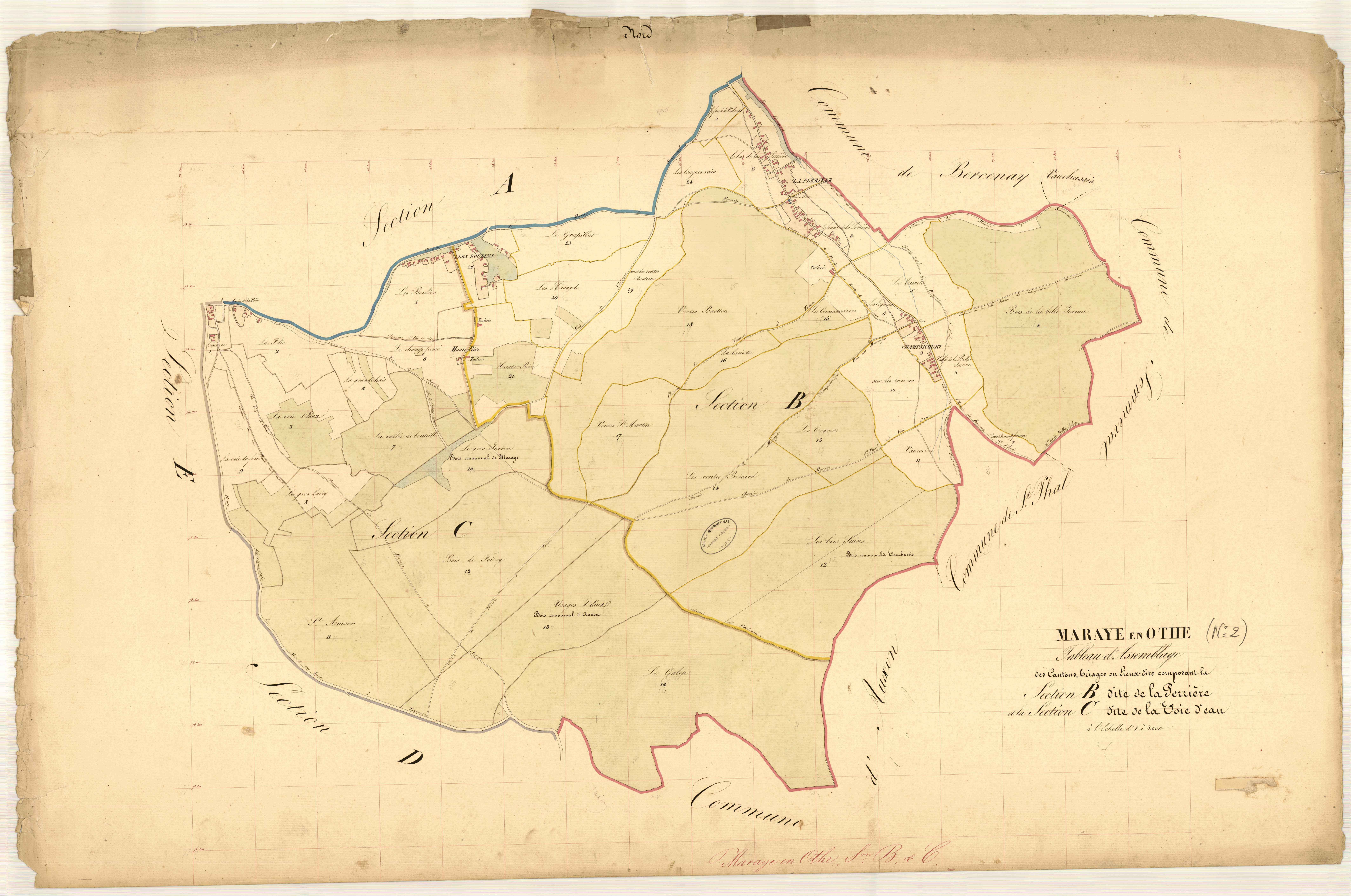 Maraye-en-Othe, tableau d'assemblage section B dite de la Perrière, section C dite de la voie d'eau