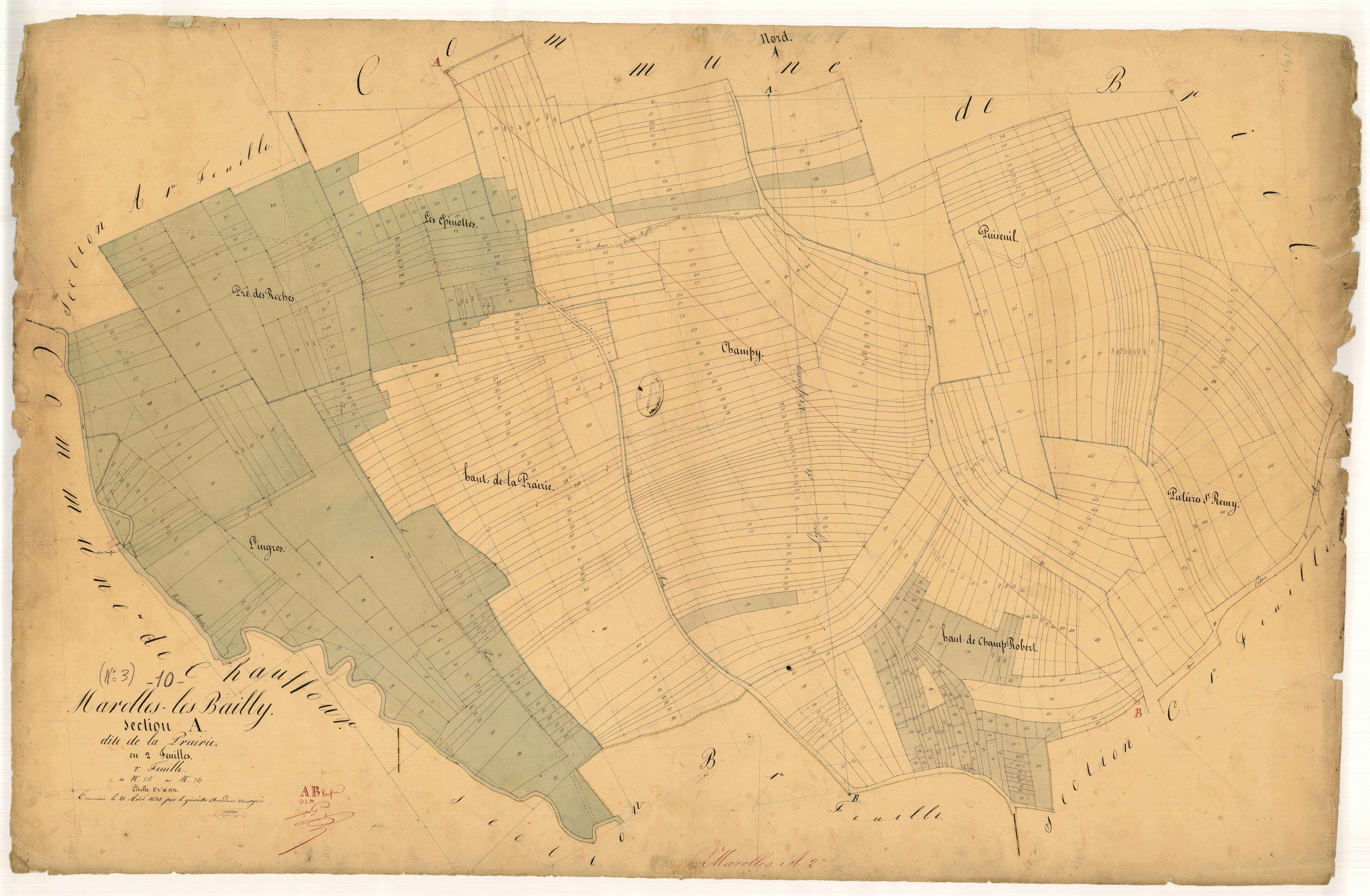 Marolles-les-Bailly, section A dite de la Prairie, feuille n° 2, parcelles n°218-747