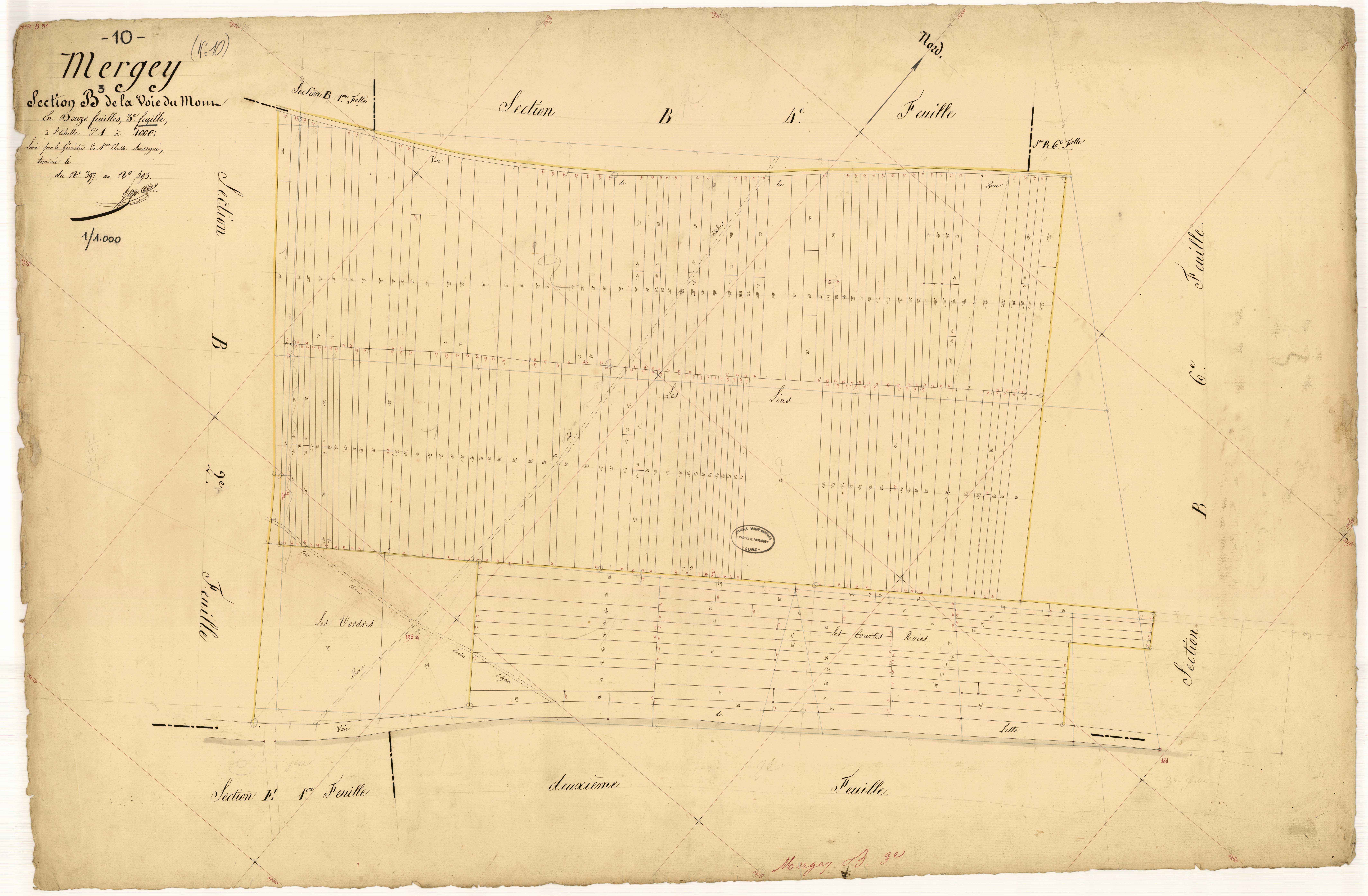 Mergey, section B dite de la voie du Mont, feuille n° 3, parcelles n°397 à 593