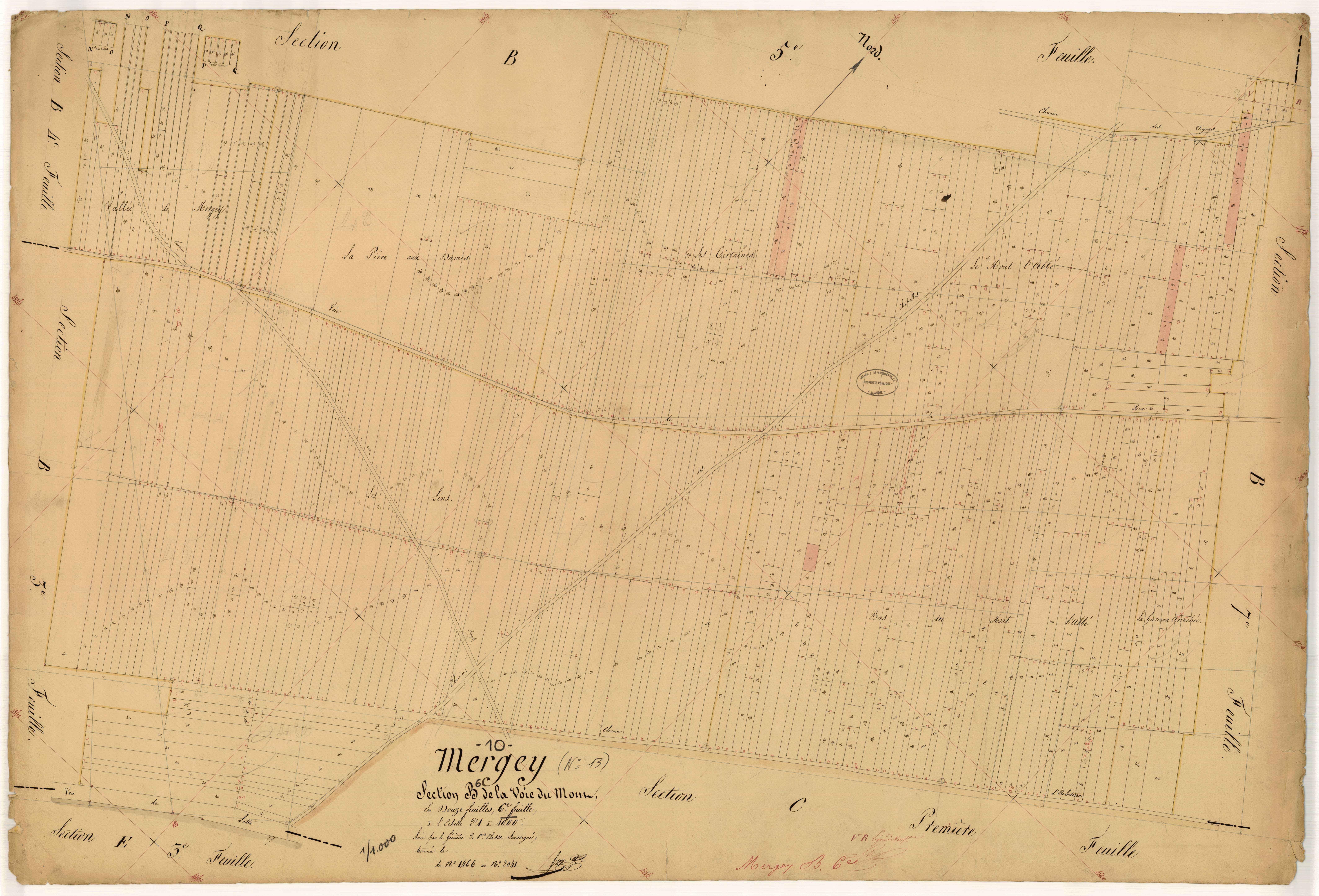 Mergey, section B dite de la voie du Mont, feuille n° 6, parcelles n° 1466 à 2041
