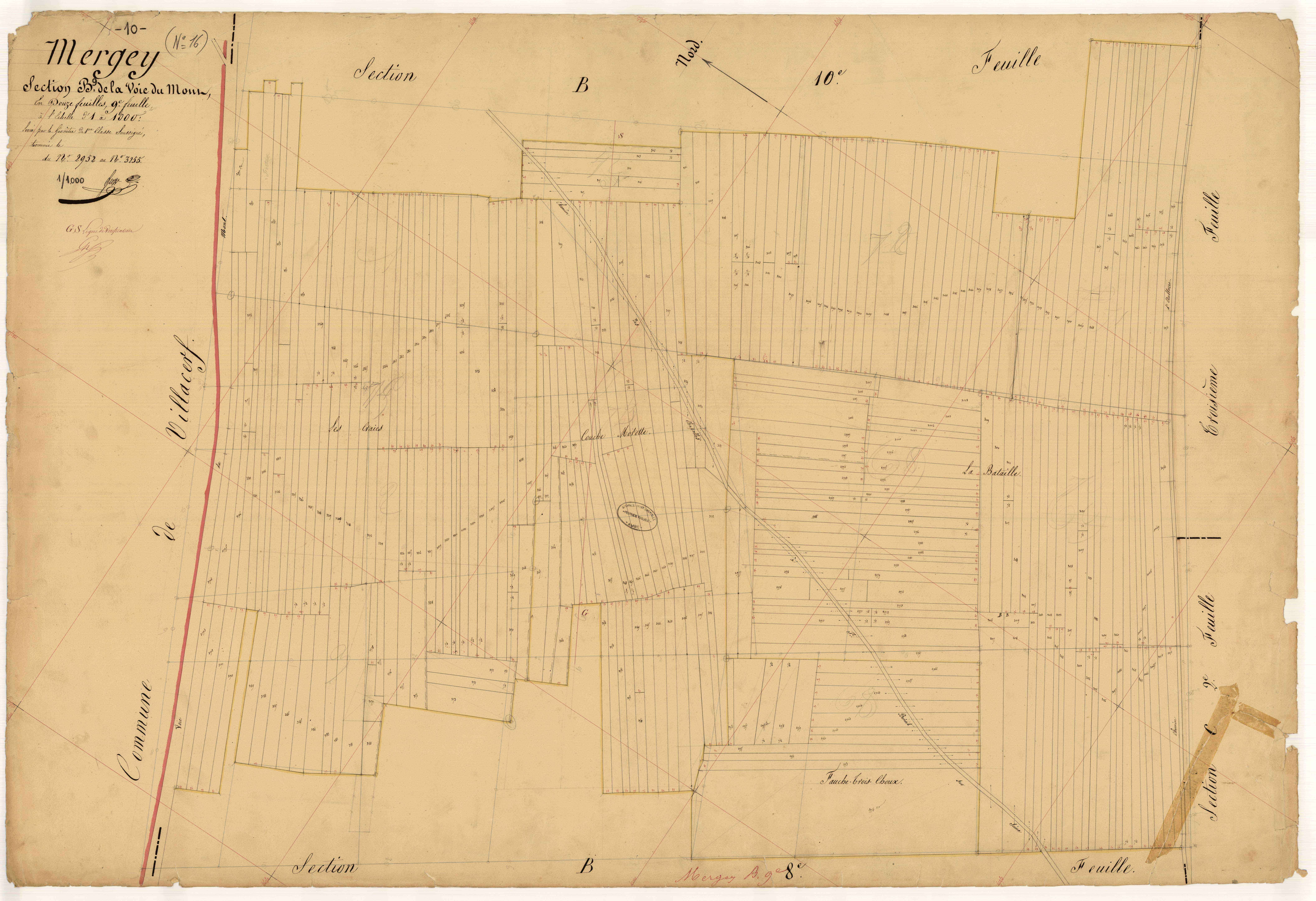 Mergey, section B dite de la voie du Mont, feuille n° 9, parcelles n°2952 à 3255