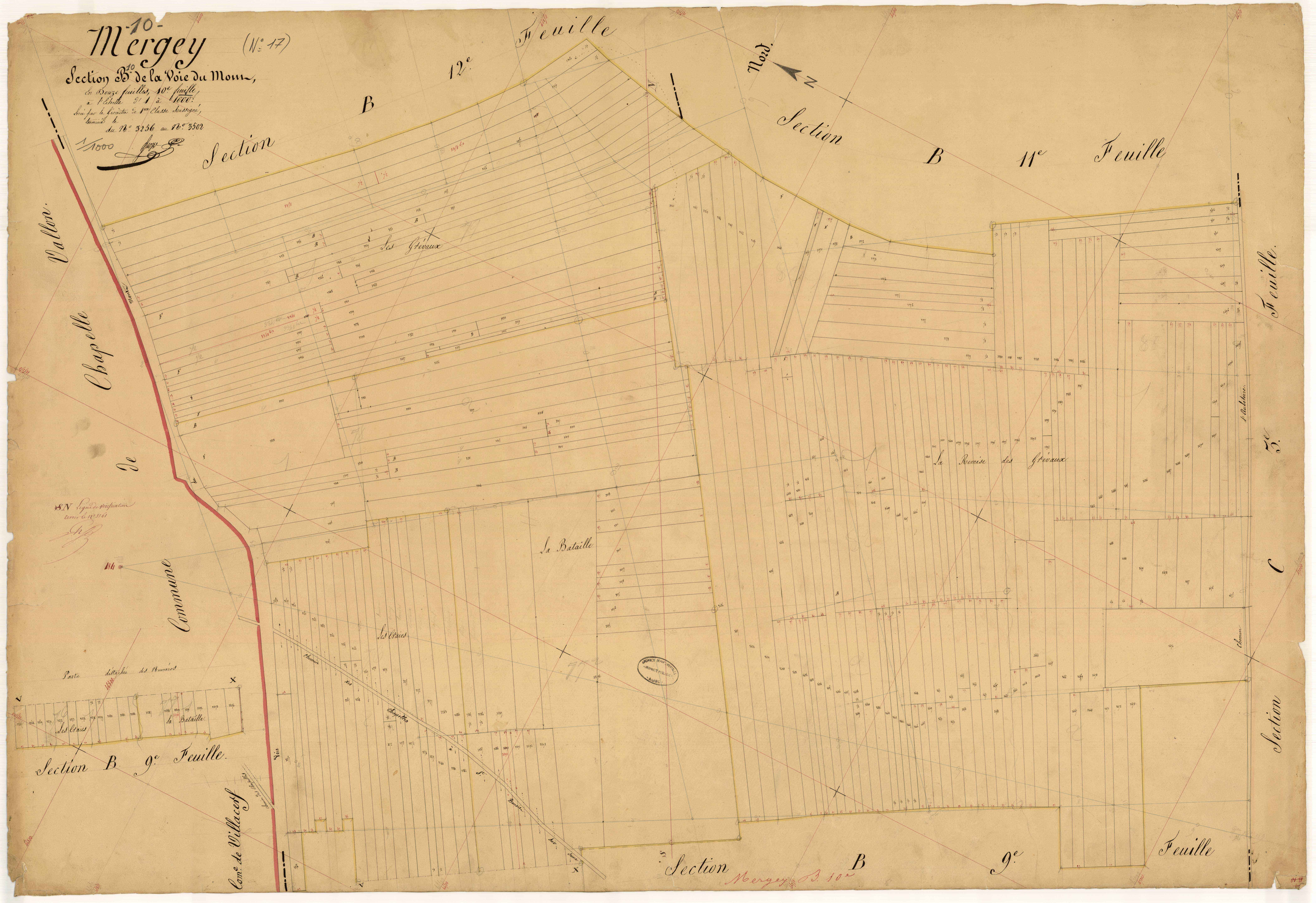 Mergey, section B dite de la voie du Mont, feuille n° 10, parcelles n°3256 à 3502
