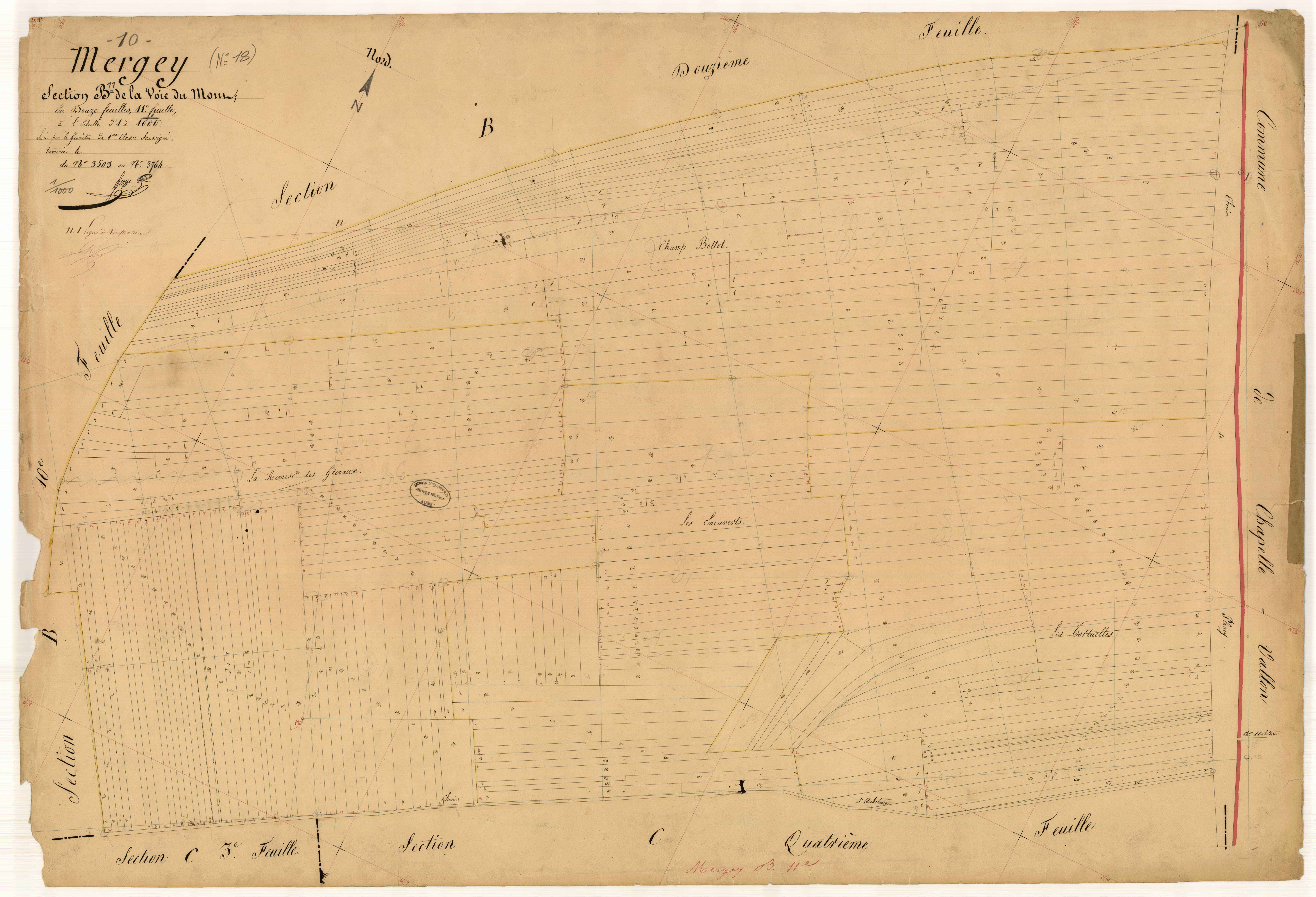 Mergey, section B dite de la voie du Mont, feuille n° 11, parcelles n°3503 à 3764