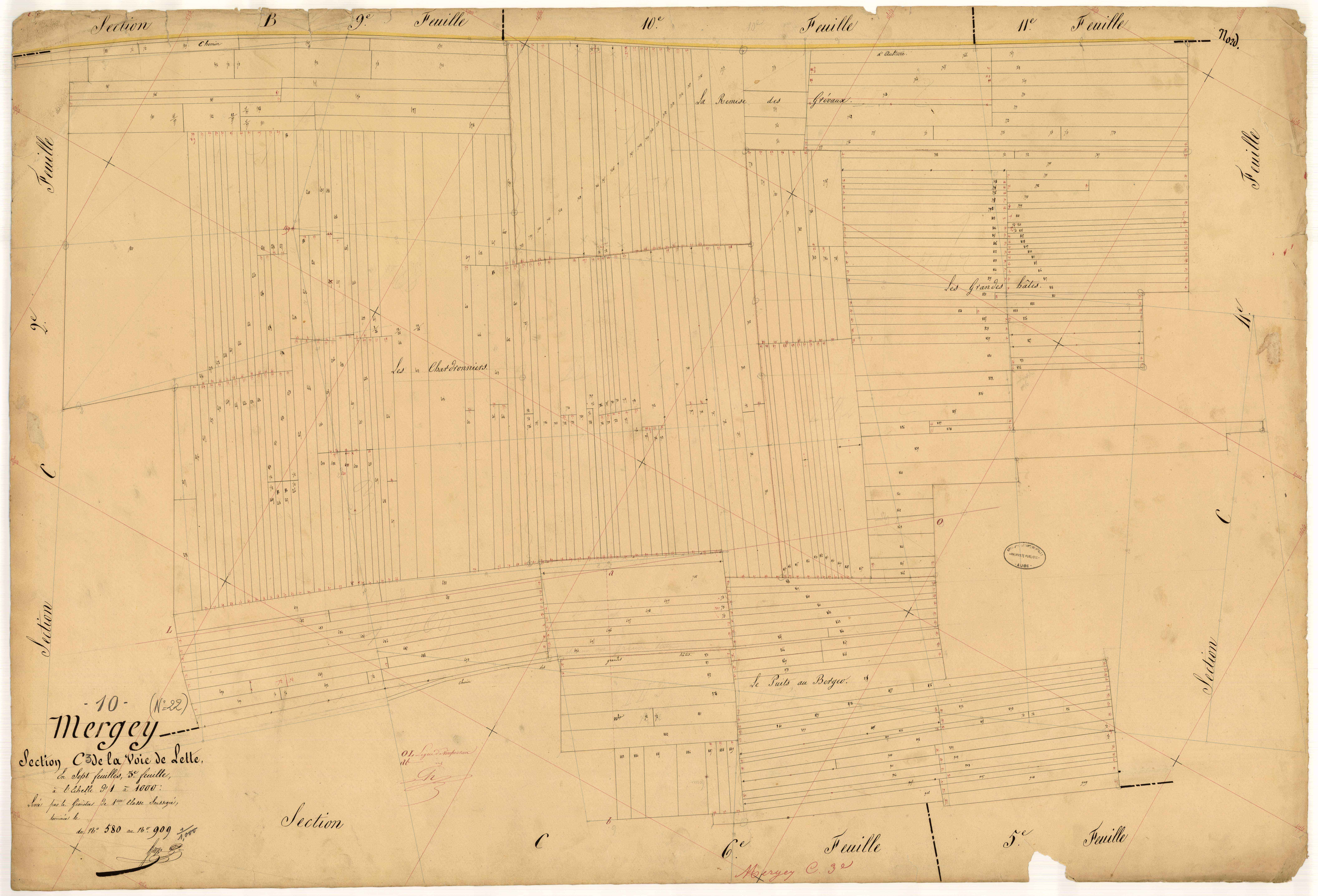Mergey, section C dite de la voie de Lette, feuille n° 3, parcelles n°580 à 909