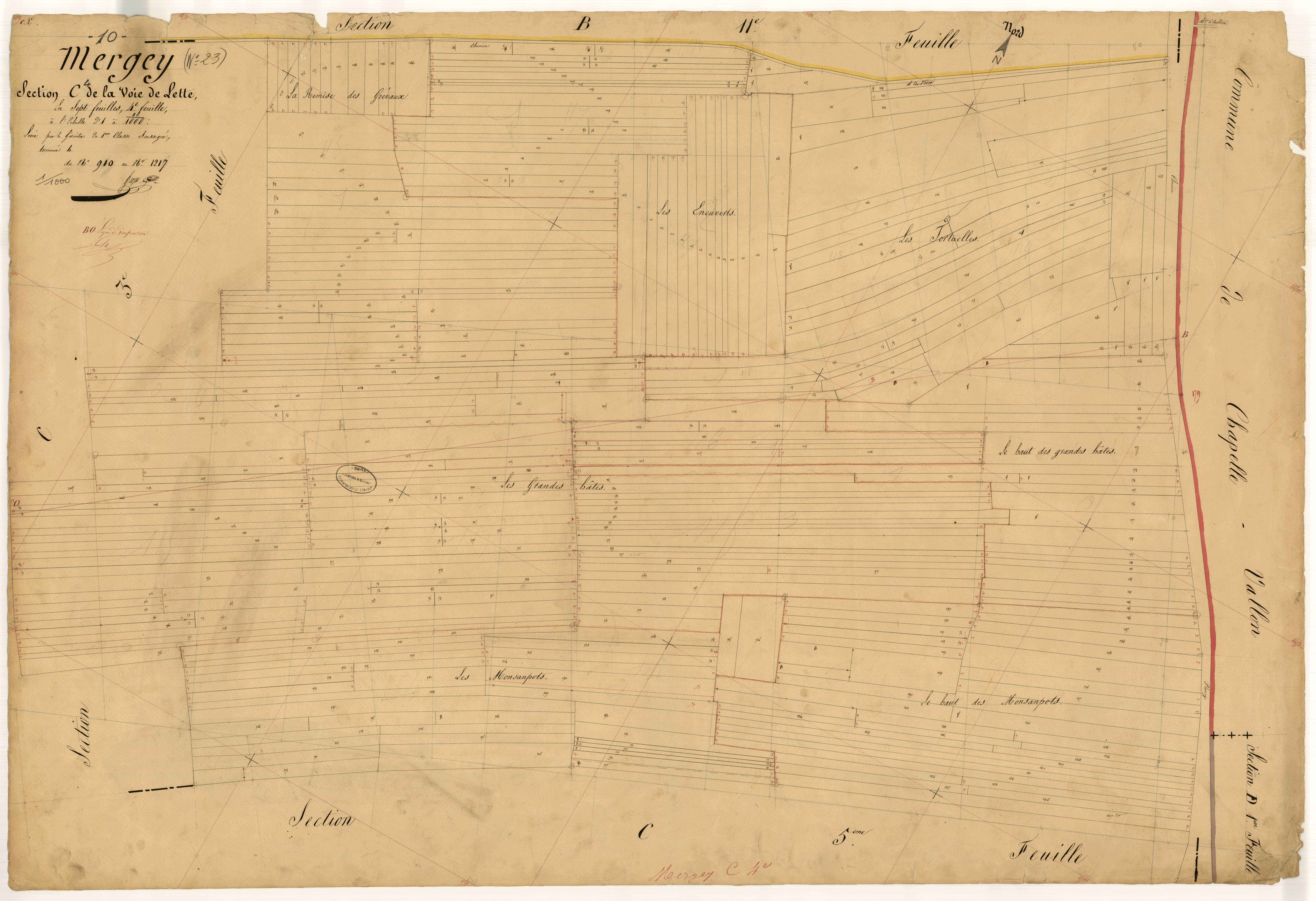 Mergey, section C dite de la voie de Lette, feuille n° 4, parcelles n° 910 à 1217