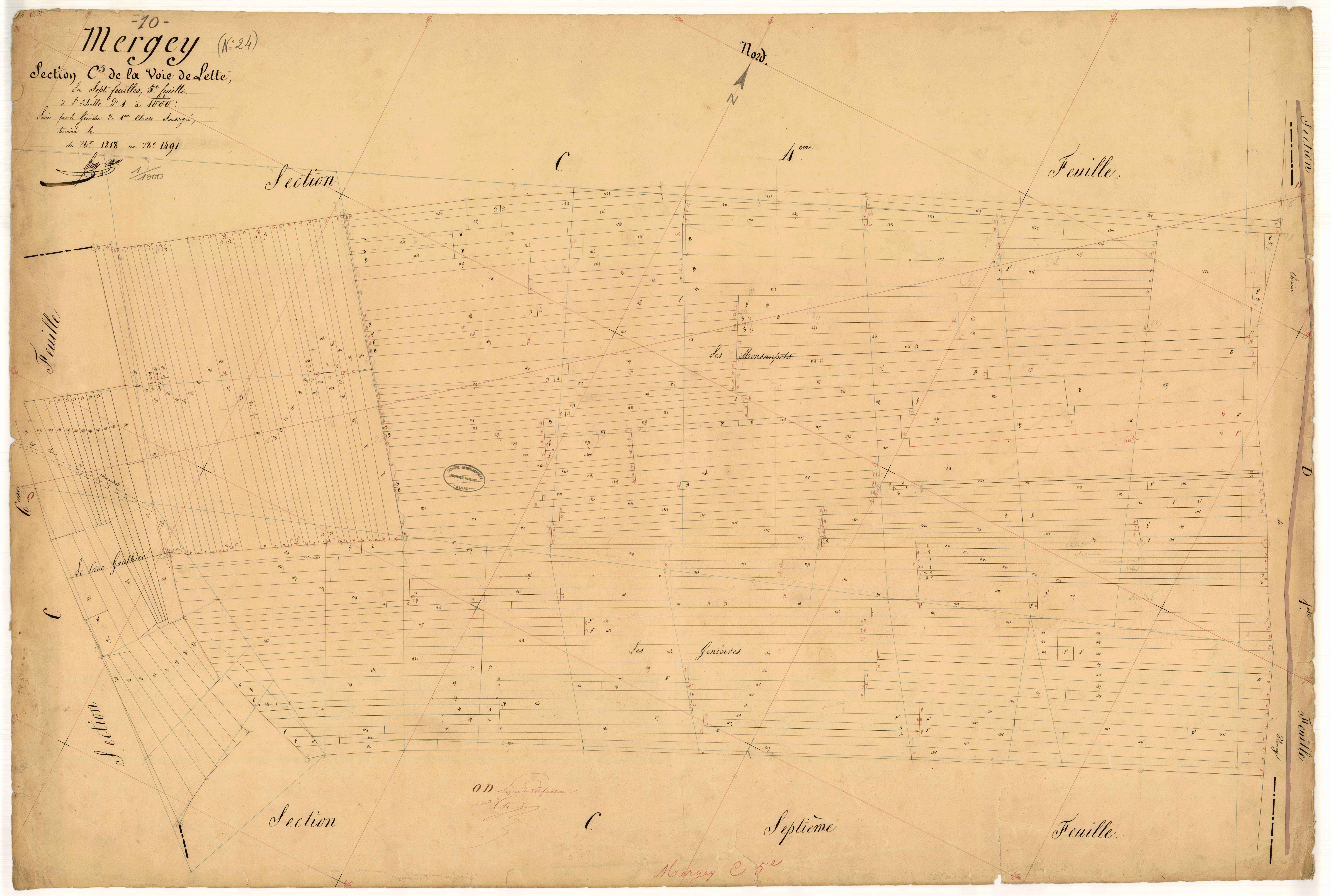 Mergey, section C dite de la voie de Lette, feuille n° 5, parcelles n° 1218 à 1491