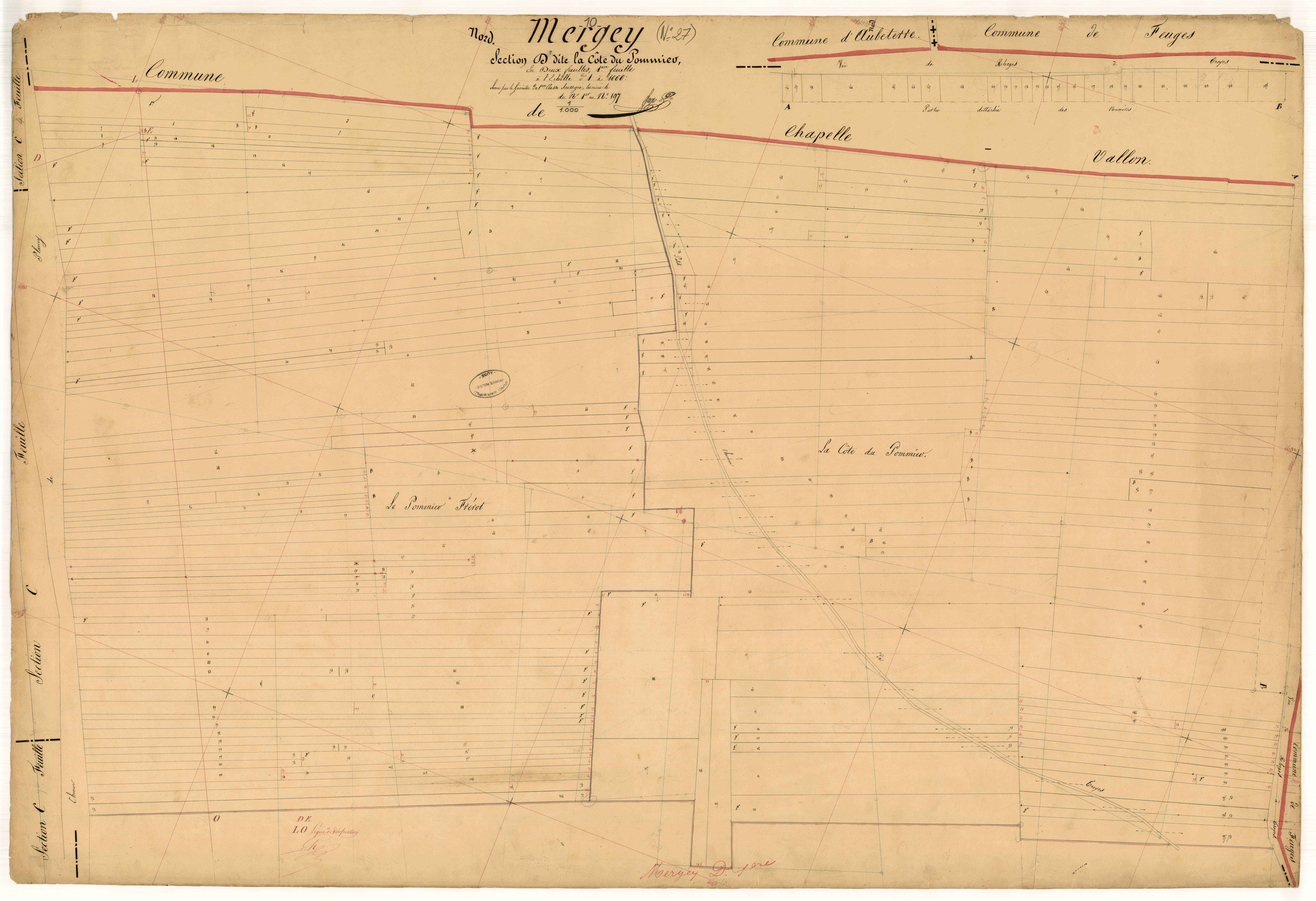 Mergey, section D dite de la côte du Pommier, feuille n° 1, parcelles n°1 à 197