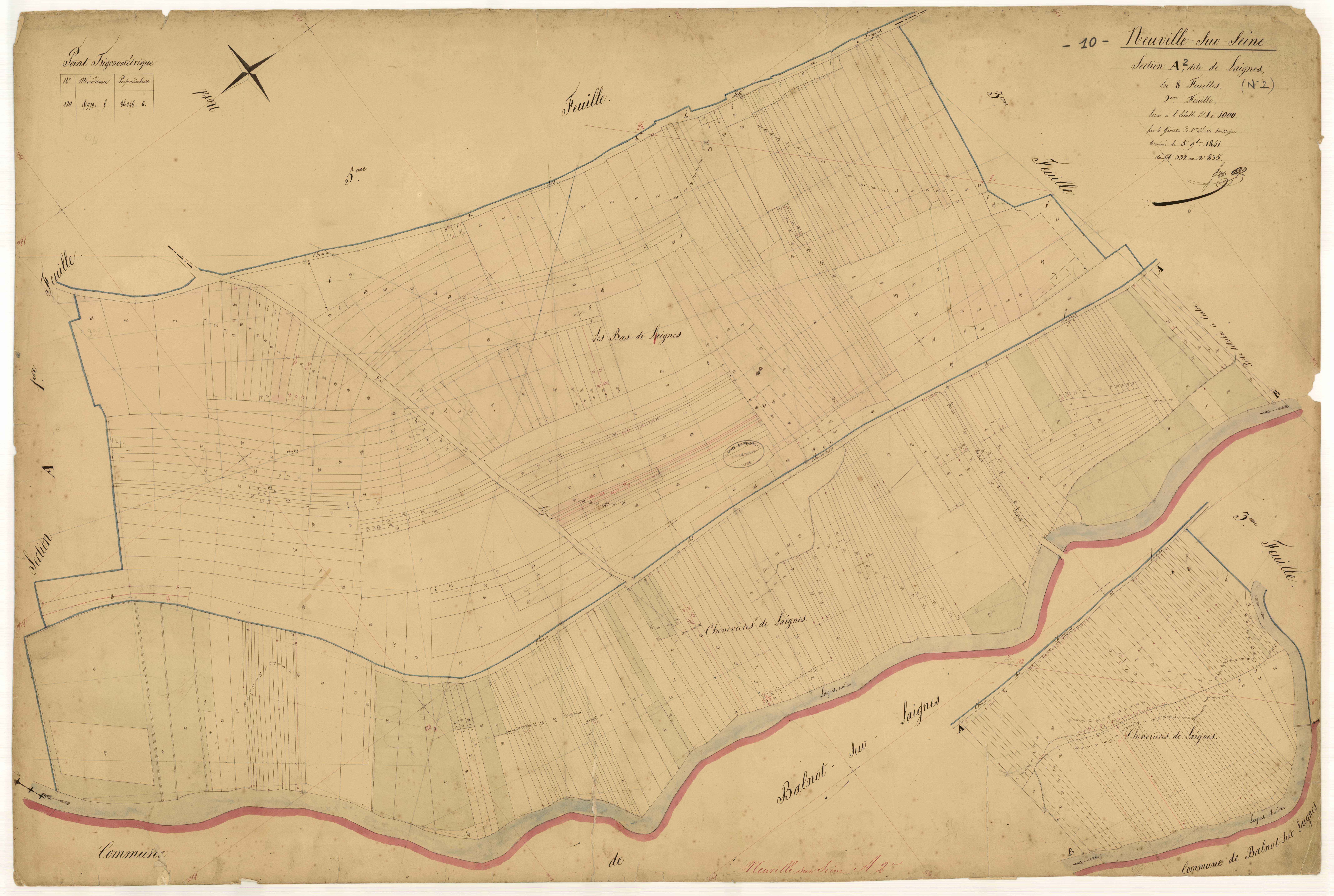 Neuville-sur-Seine, section A dite de Laignes, feuille n° 2, parcelles n°332-835