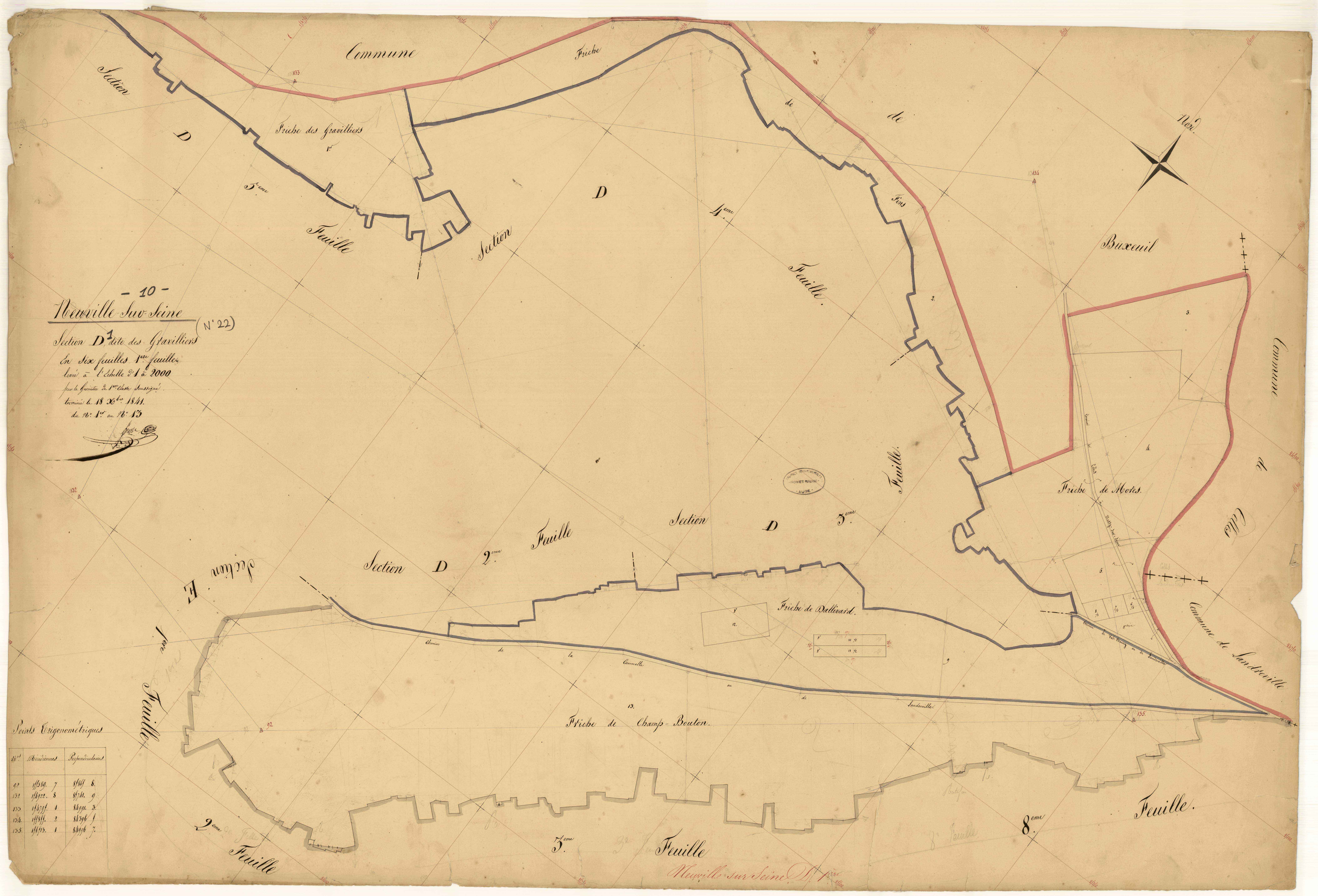 Neuville-sur-Seine, section D dite de gravilliers, feuille n° 1, parcelles n°1-13