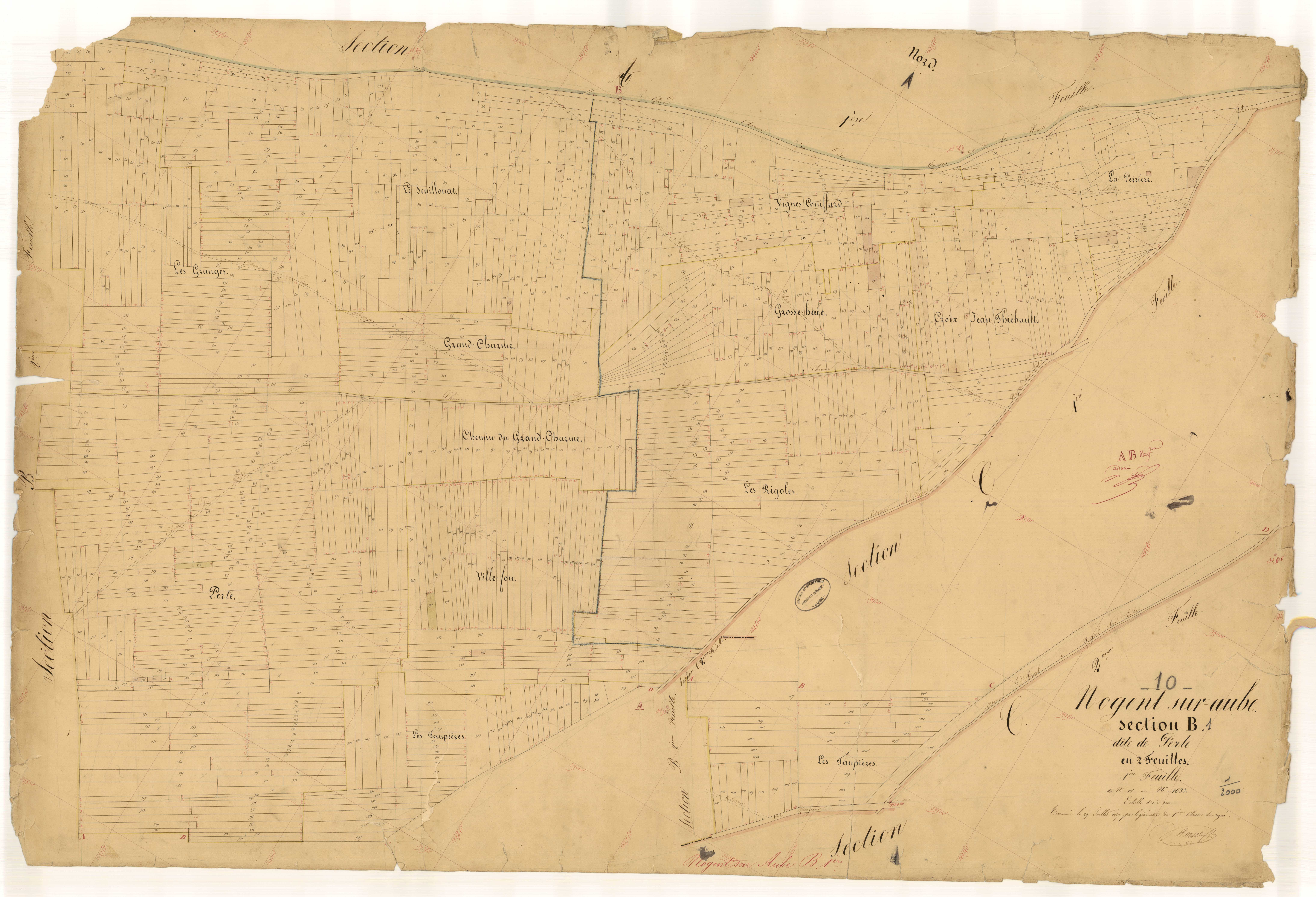 Nogent-sur-Aube, section B dite de la Perte, feuille n° 1, parcelles n°1-1033