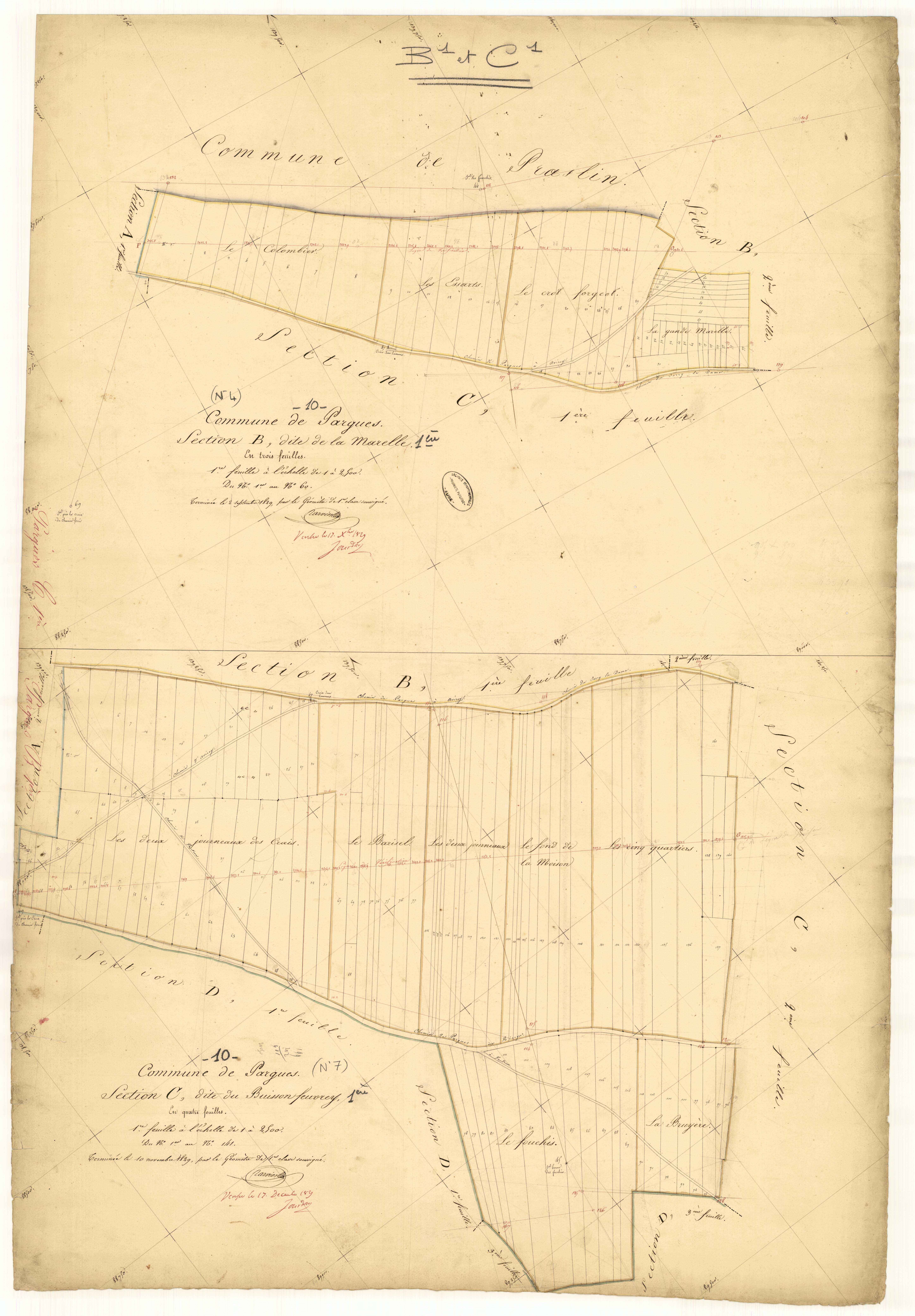 Pargues, section B dite de la Marelle, feuille n° 1, parcelles n° 1-60 et section C dite du buisson Feuvrey, feuille n° 1, parcelles n°1-141