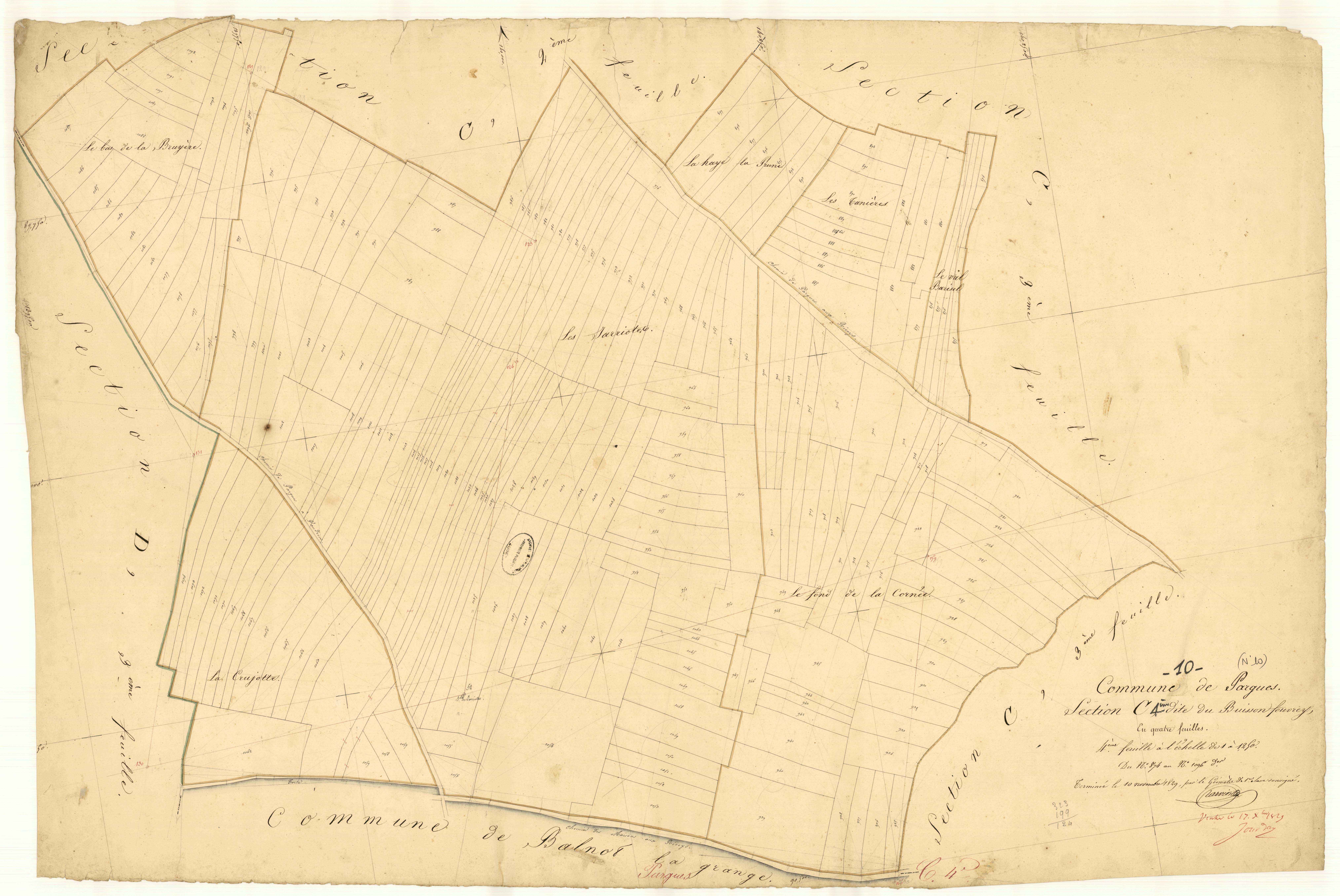 Pargues, section C dite du buisson Feuvrey, feuille n° 4, parcelles n° 874-1096
