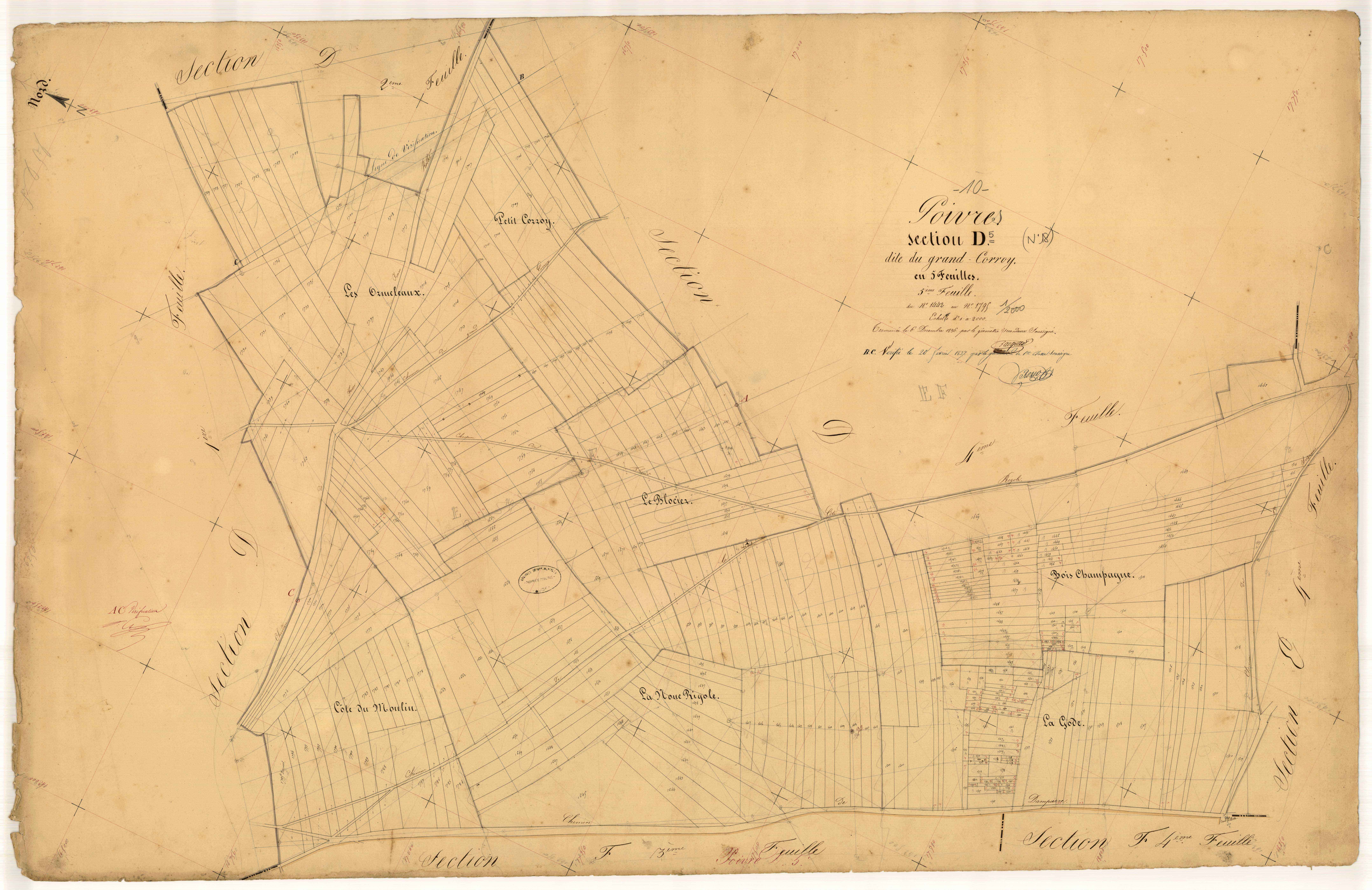 Poivres, section D dite du Grand Corroy, feuille n° 5, parcelles n° 1442-1795